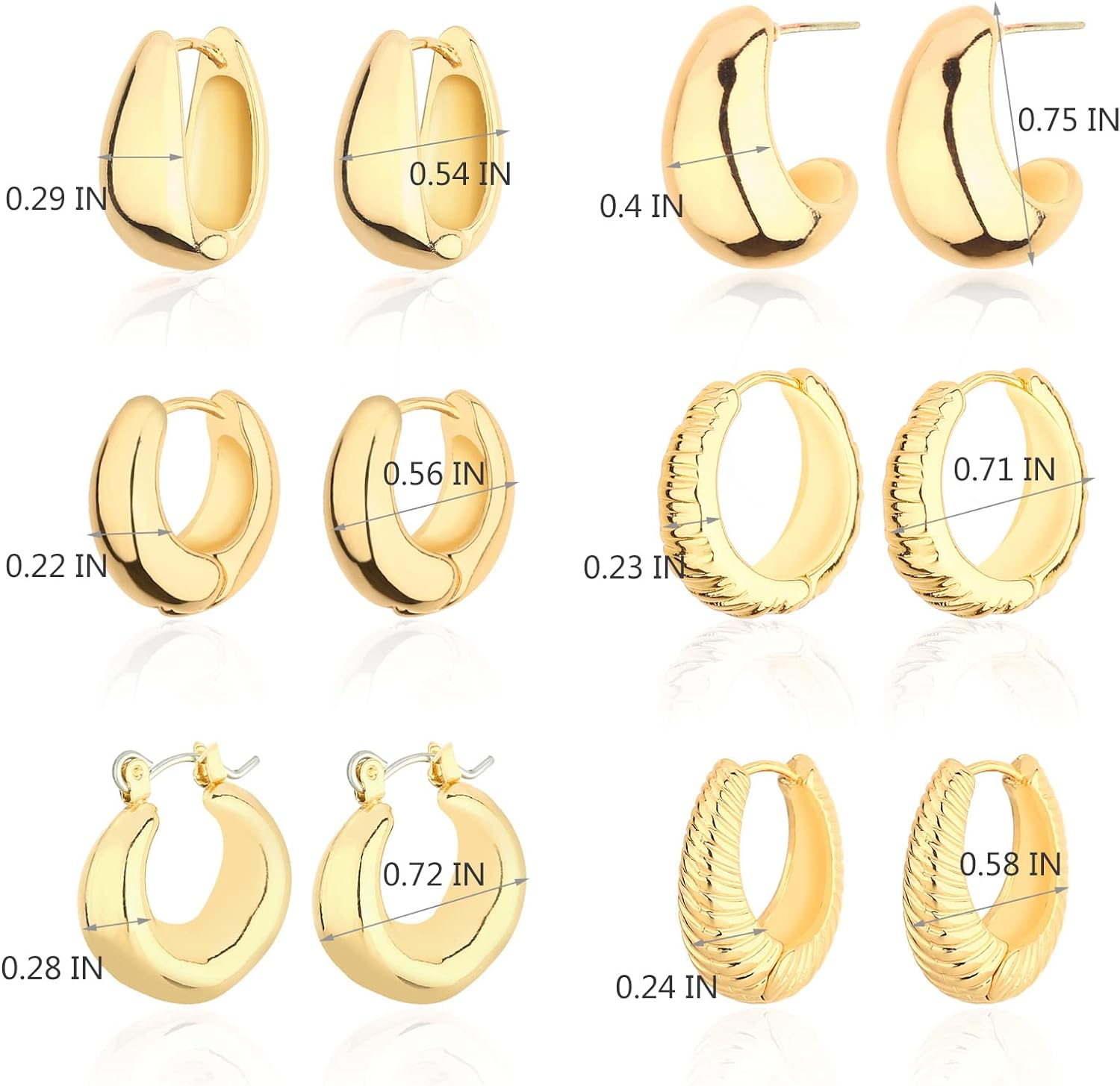Wgoud Chunky Hoop Earrings Set 14K Gold Hoop Earrings for Women Hypoallergenic, Thick Hoops Earring Set, Twist Huggie Hoop Earring - 6 Gold Chunky Hoops image number 6