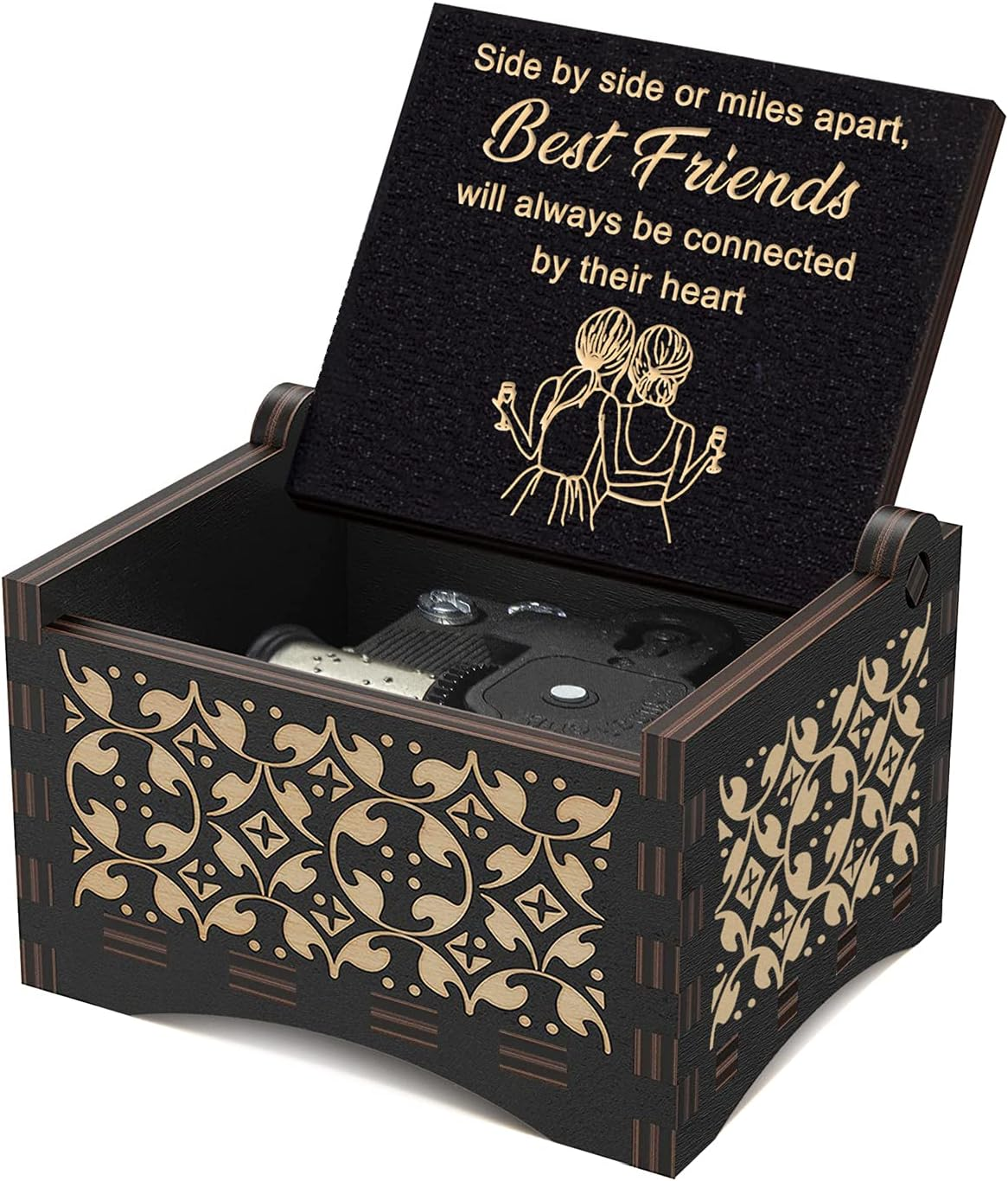 Side by Side or Miles Apart Mechanism Wood Music Box Mechanism Engraved Vintage You Are My Sunshine Tune Wooden Musical Box for Friend Sisters Women Girls Birthday Graduation