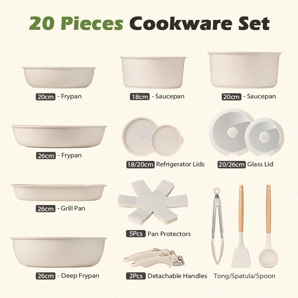 ZUNI 20Pcs Pots and Pans Set, Nonstick Cookware Sets Detachable Handle, Non-Toxic Kitchen/Rv Cooking Set with Frypan, Saucepan, Grill Pan, Dishwasher Safe, PFOA PFOS Free image number 5