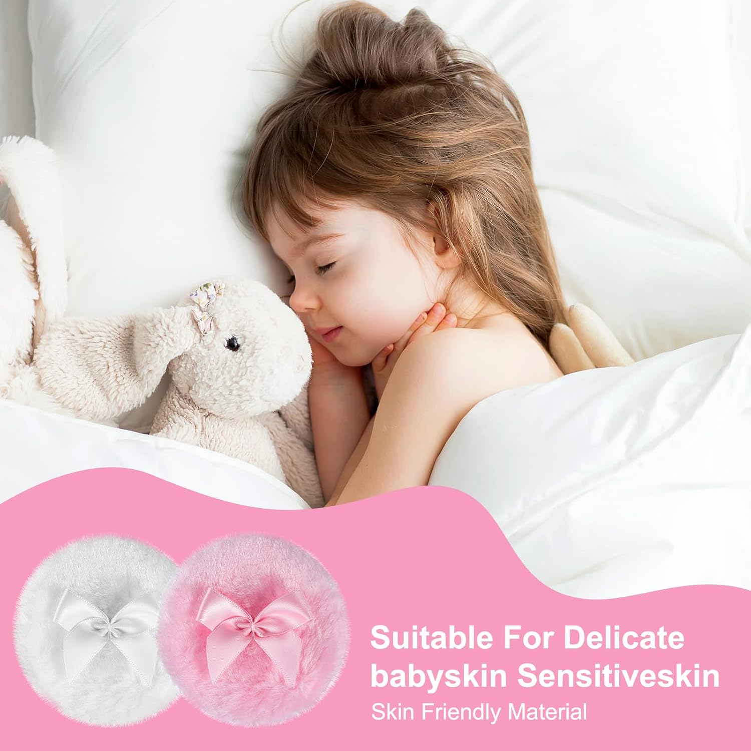 Piriuuo 2 Pcs Large Fluffy Powder Puff, 3.5 Inch Face Body Powder Puff Soft Washable Reusable Velour Dusting Powder Puff Loose Powder Puffs Wet Dry Makeup Tool (White & Pink) image number 3