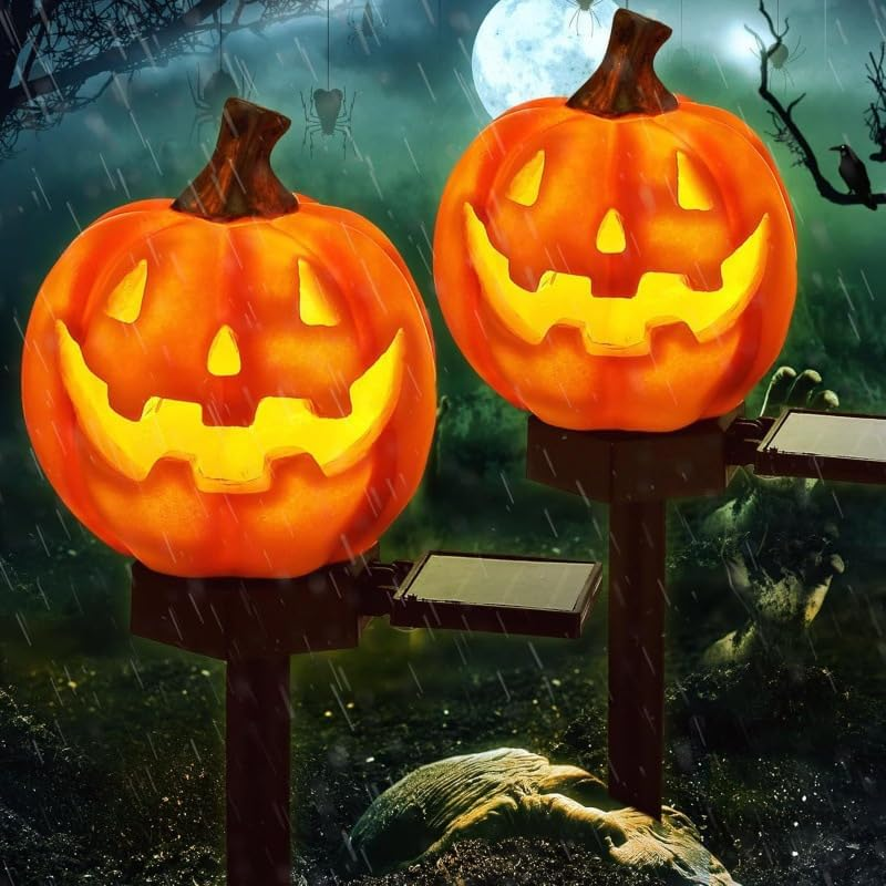 YZYOE LED Solar Pumpkin Head Ground Light, Halloween Outdoor Atmosphere Decoration Lamp, Cute Resin Pumpkin Head Courtyard Landscape Lights. image number 4