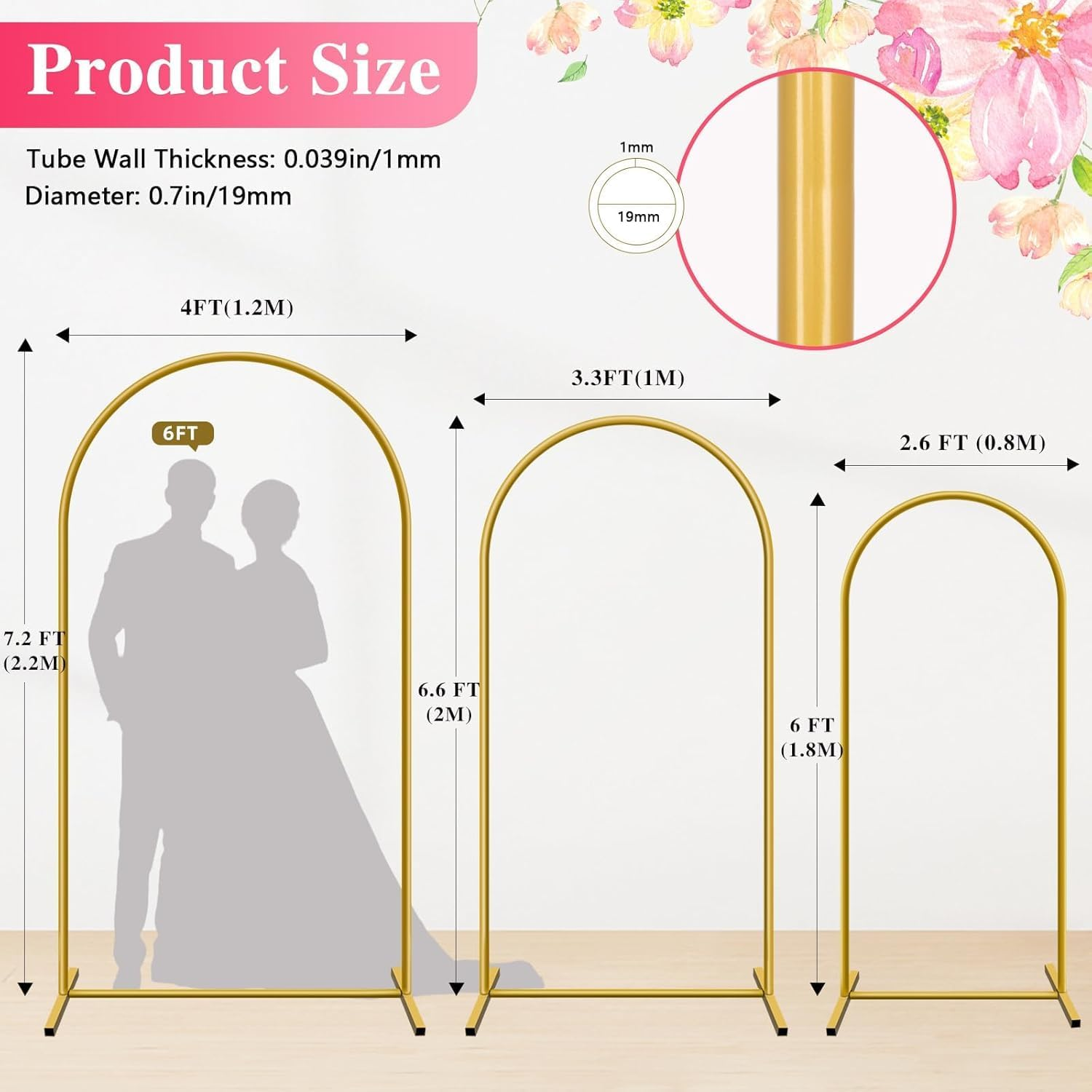 Metal Arch Backdrop Stand, 3 Balloon Arch Backdrop 7.2FT 6.6FT 6FT, Stable Arched Background Stand for Parties, Birthdays, Baby Showers, Bridal, Banquets, Ceremonies