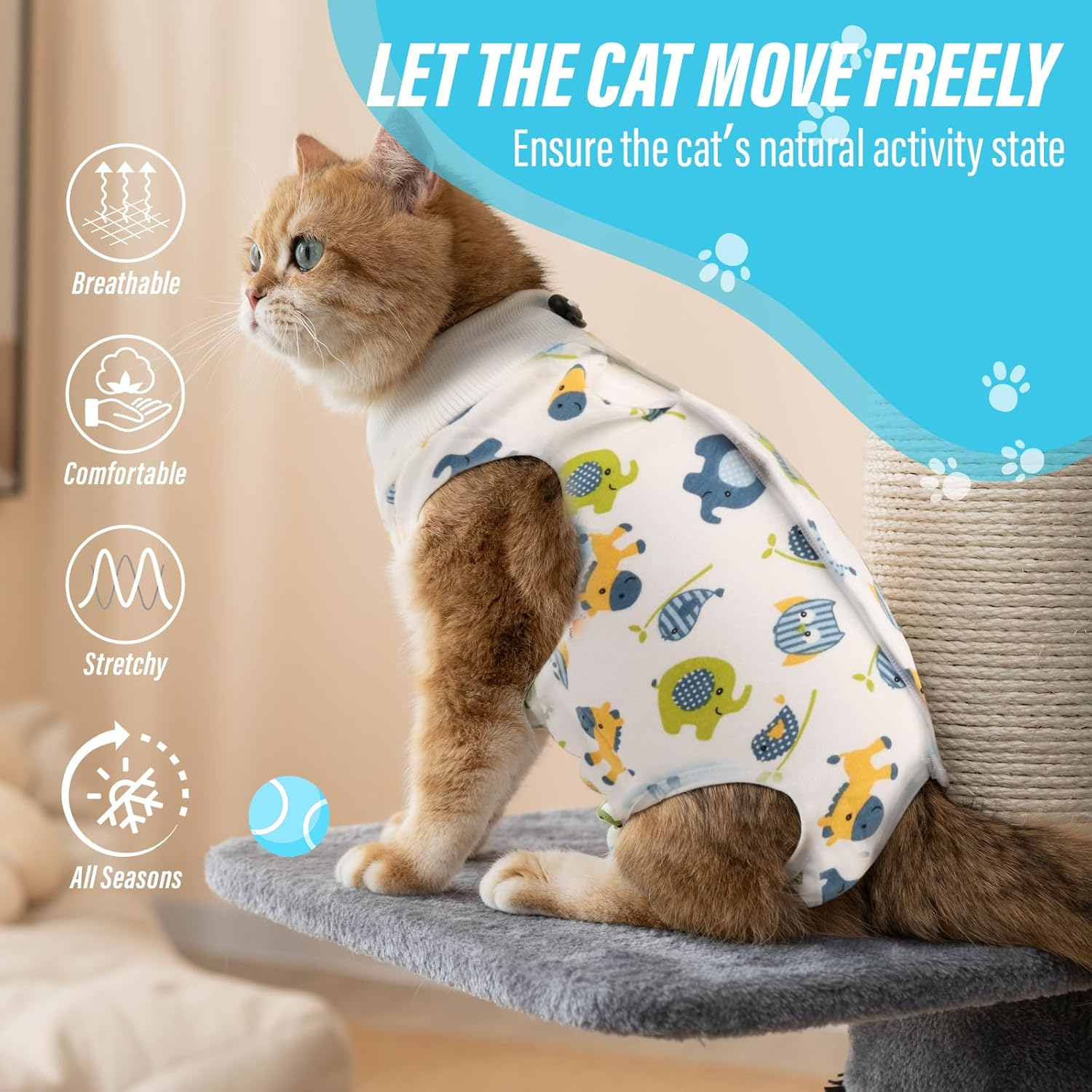 Viiotu Cat Recovery Suit Female, Kitten Onesie for Cats after Surgery, Breathable Soft Elastic Cat Clothes for Post-Surgery or Skin Diseases Protection,Cone of Shame Alternative (S, Blue Elephant) image number 2