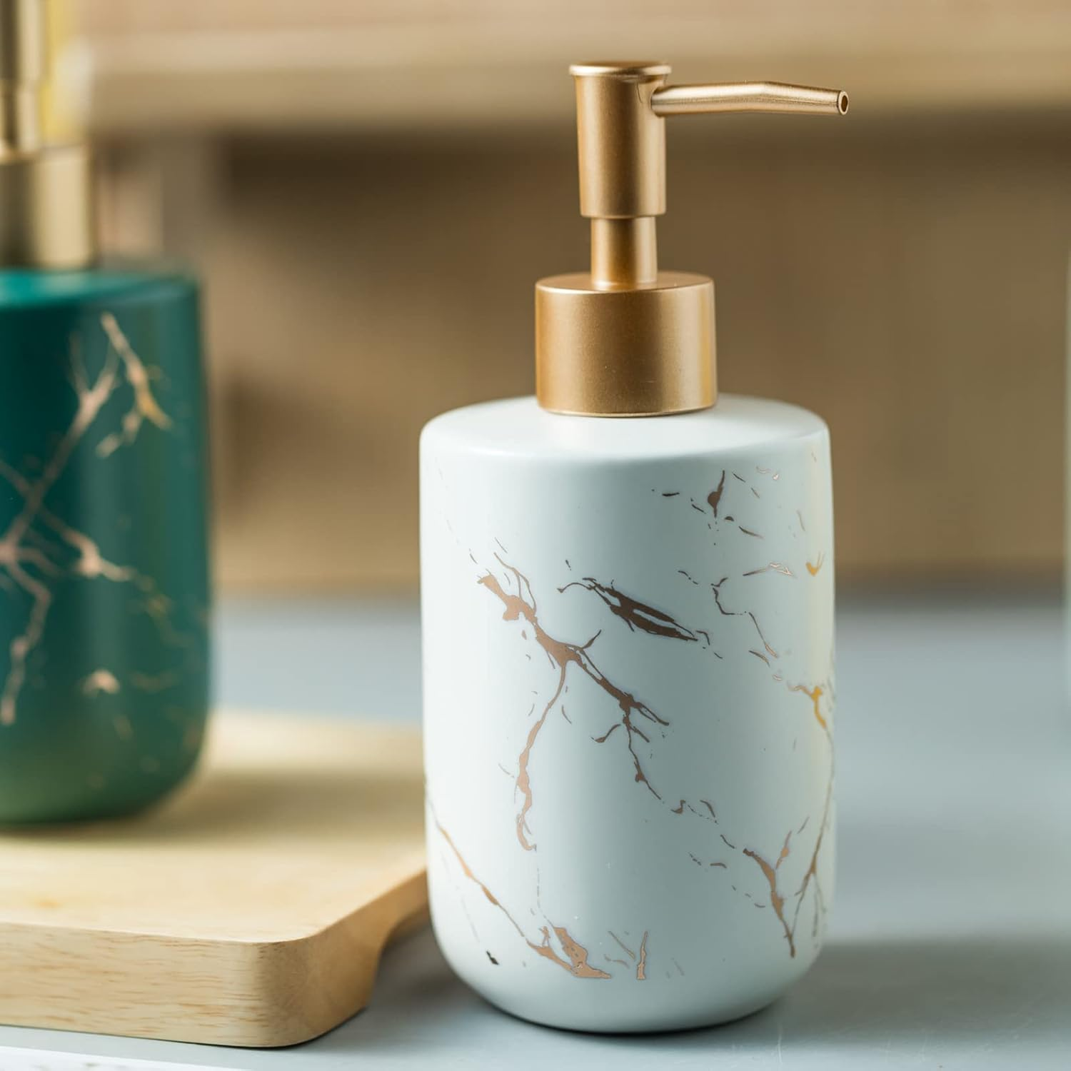 Gold Soap Dispenser Bathroom, Ceramic Hand Soap Dispenser with Marbling for Kitchen, Shower, 300ML. (Yellow)