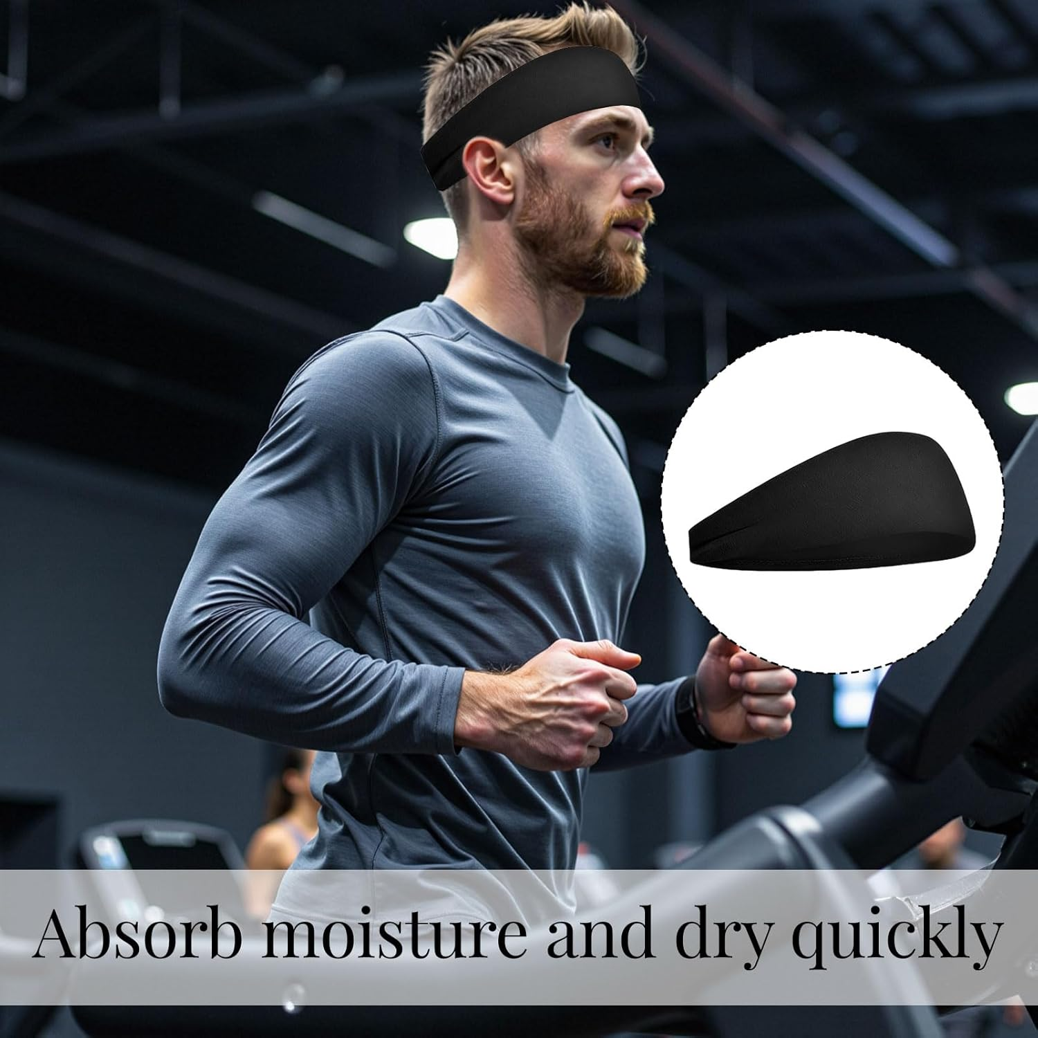 Headbands for Women and Men, 6 Pcs Sports Headband, Elastic Athletic Sweat Band, Hair Band for Men, Workout Headband, Non-Slip Wide Yoga Headband, Black Headband for Running, Cycling, Basketball image number 2