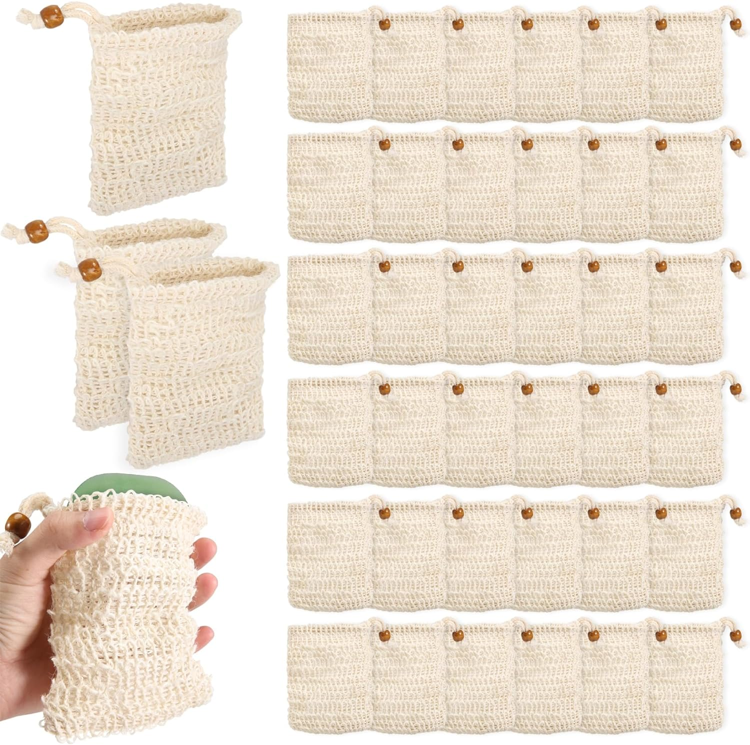 Spacesea Soap Exfoliating Bag Natural Sisal Soap Bag Zero Waste Mesh Bar Soap Saver Bag with Drawstring for Shower (40 Pack) image number 4