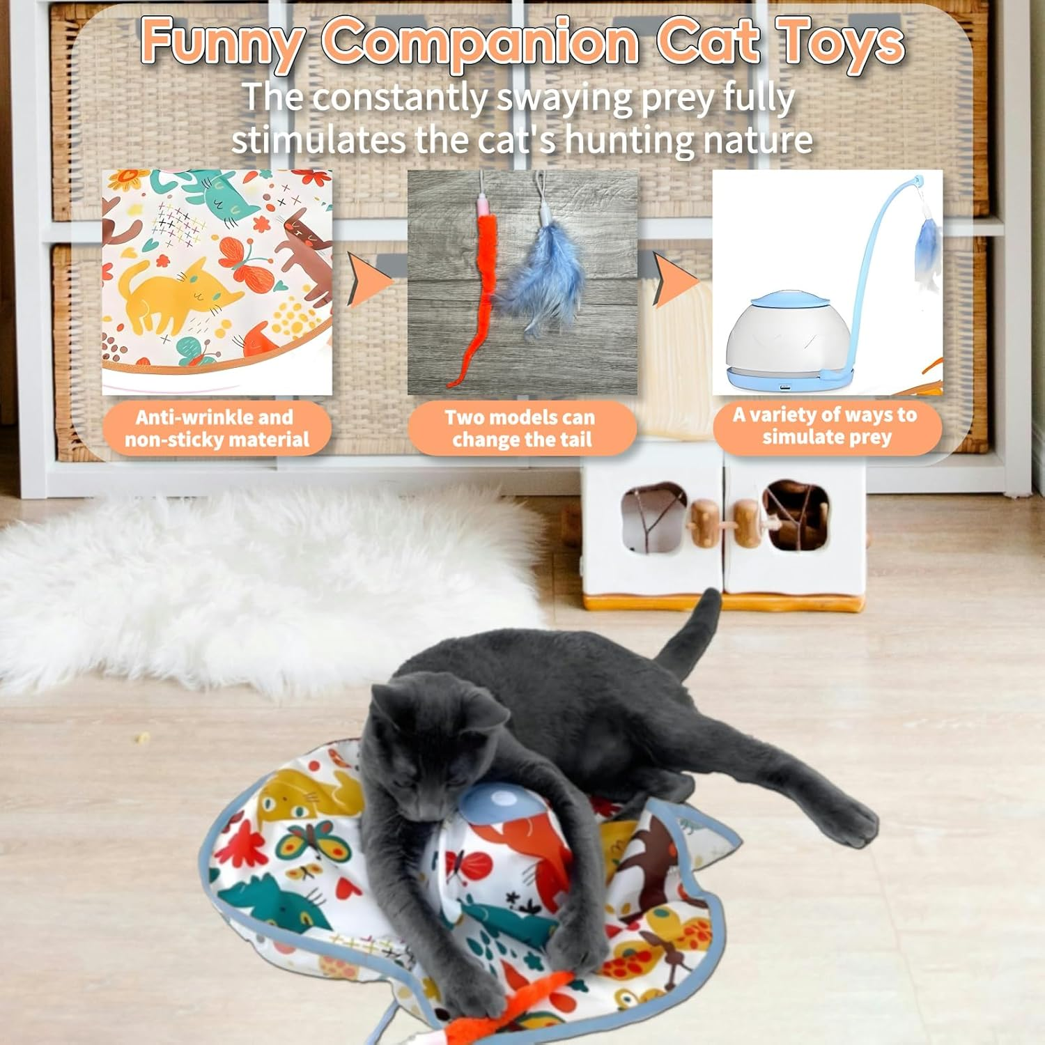 Interactive Cat Toy 2025 Upgraded with Suction Cup Base - Rechargeable Touch-Activated Kitten Toy, 2 Interchangeable Tails & Automatic Prey Motion for Indoor Active Cats（Blue） image number 3