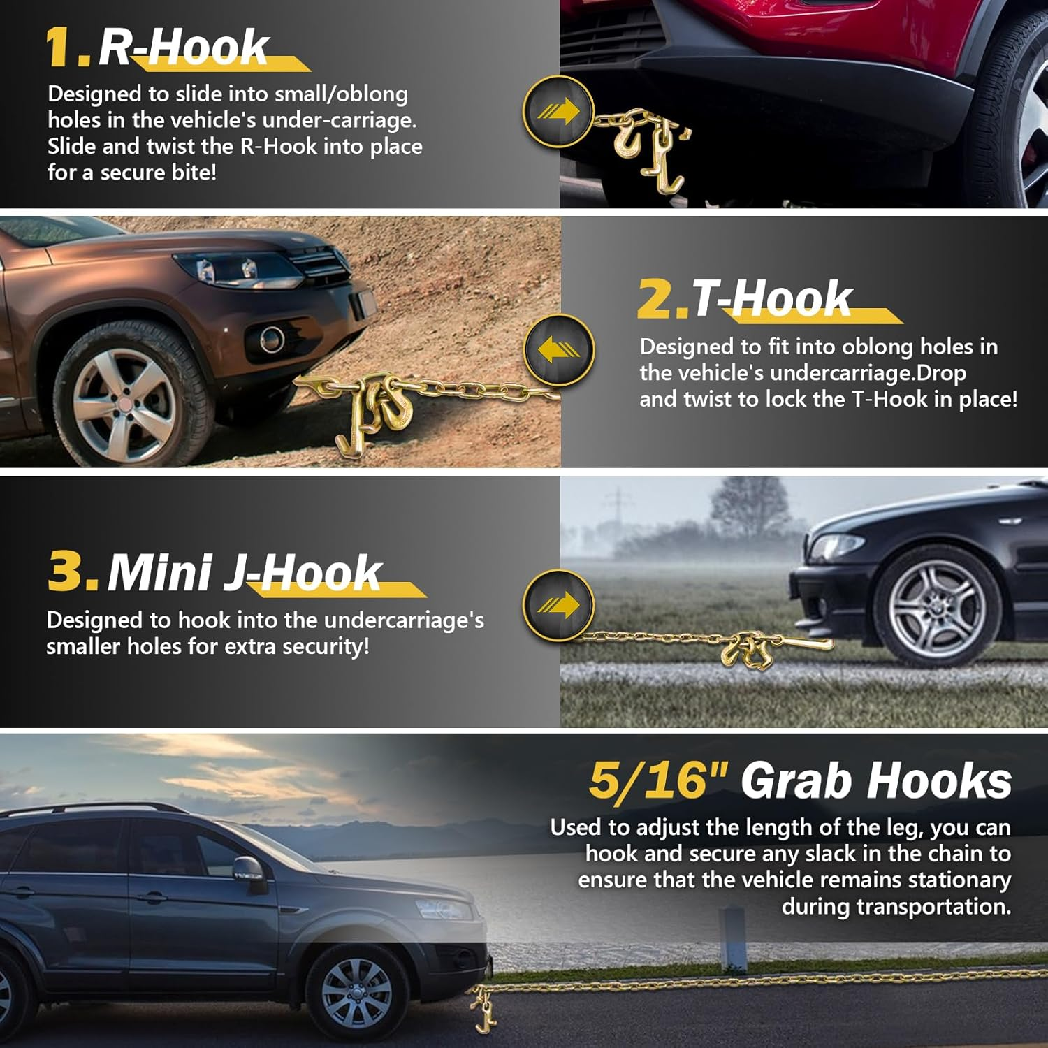 G80 J Hooks Tow Chain, 5/16" X 6' Recovery Tow Hooks Chain 15IN J Hook W/Rtj & Grab Hook, 18800LBS Tow Truck Accessories J Hooks, Bridle Tow Transport Chain, Wrecker Towing Truck Equipment, 2PCS