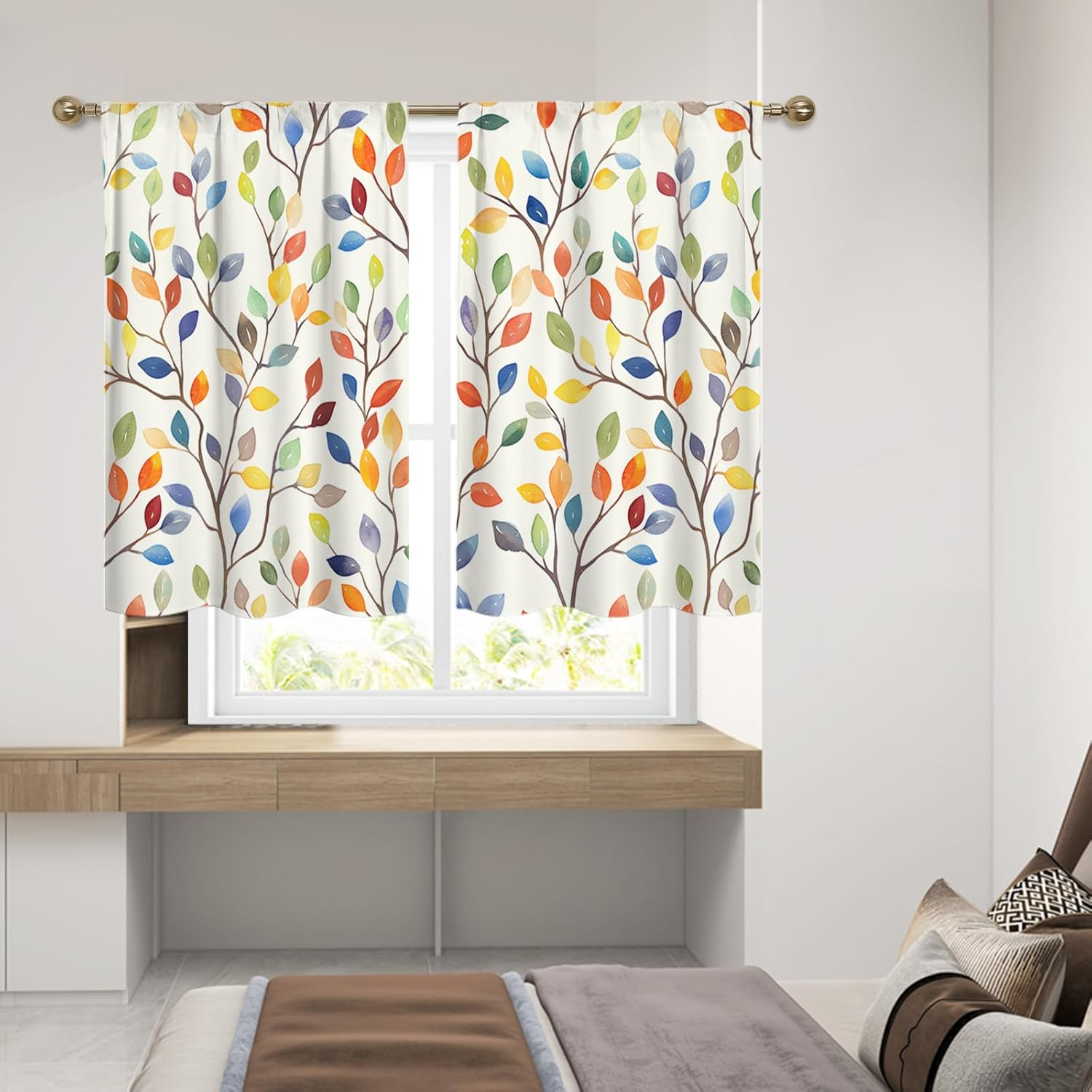 Floral Rustic Kitchen Curtains - Farmhouse Botanical Tier Drapes Kitchen Window Curtains 39 Inch X 27.5 Inch, Colorful Leaves Rod Pocket, 2 Panels Set (Cafe/Country Decor) image number 3