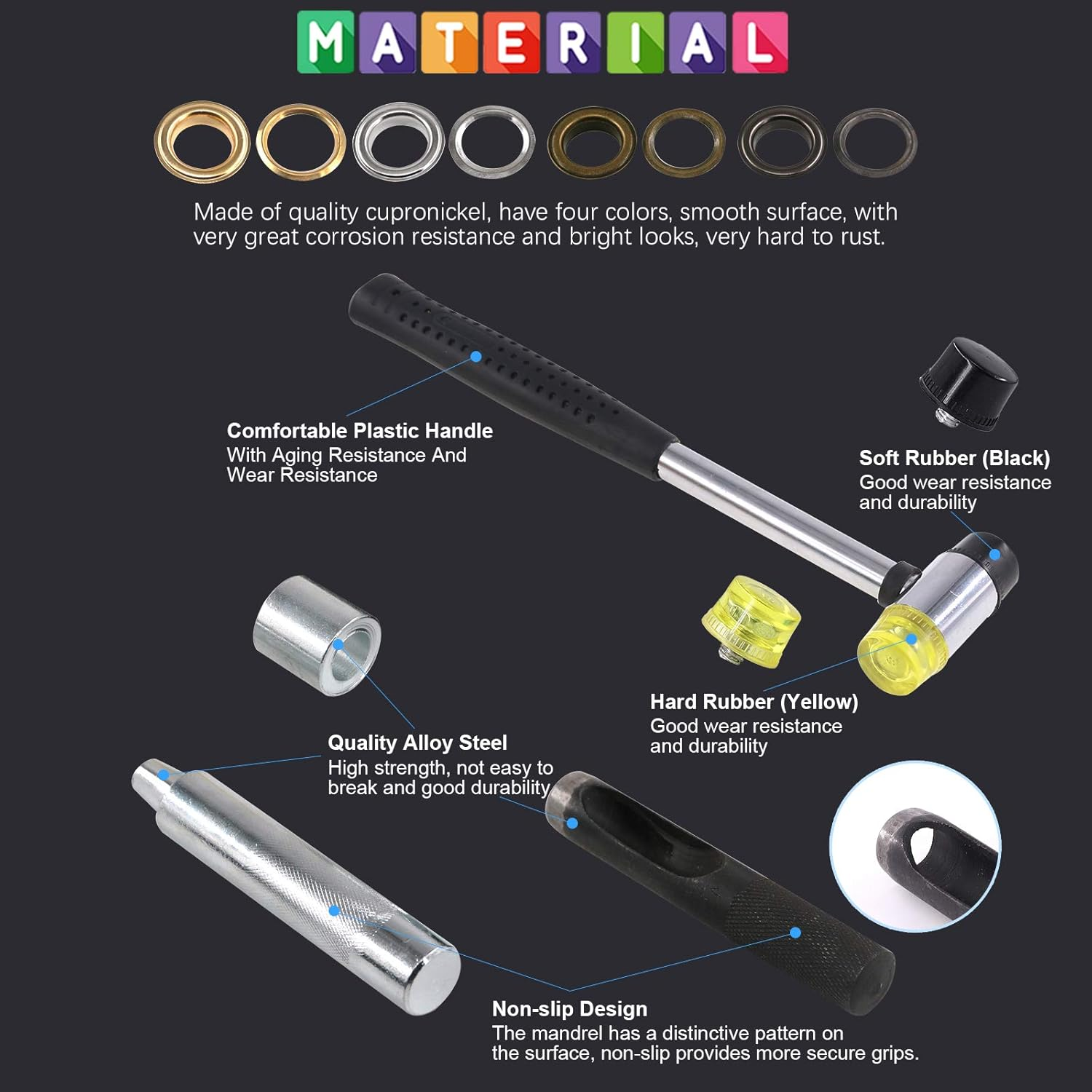 Glarks 164Pcs 1/2 Inch Grommets Eyelets with Tool Sets, 160Pcs 4 Colors Grommets Eyelets with 4Pcs Installation Tools for Fabric, Canvas, Curtain, Clothing, Leather Repair and Decoration - Gun-Black Grommets Eyelets With Tools image number 5