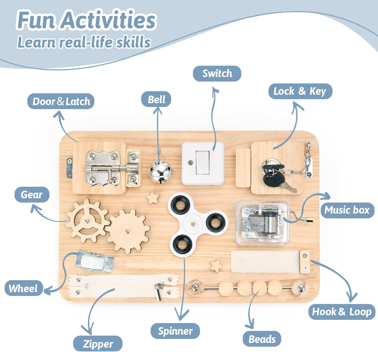Potatomato Montessori Busy Board -Toddler Sensory Wooden Toys for Baby - Prechool Educational Activities for Learning Fine Motor Skills - Fidget Board for Boys Girls Kids image number 4