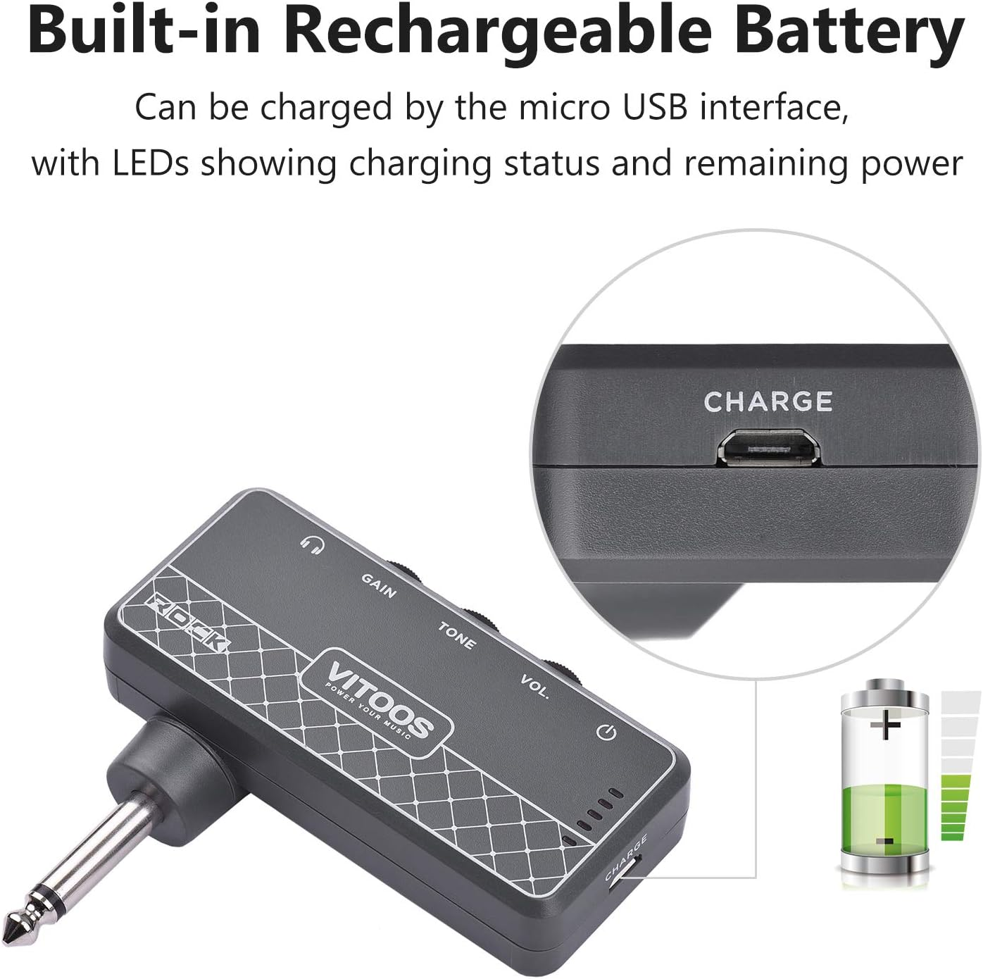 Rock Guitar Headphone Amplifier Amp 1/4 Inch Plug 3.5Mm Headphone Jack & Aux in with Gain Tone Volume Contorls Built-In Battery