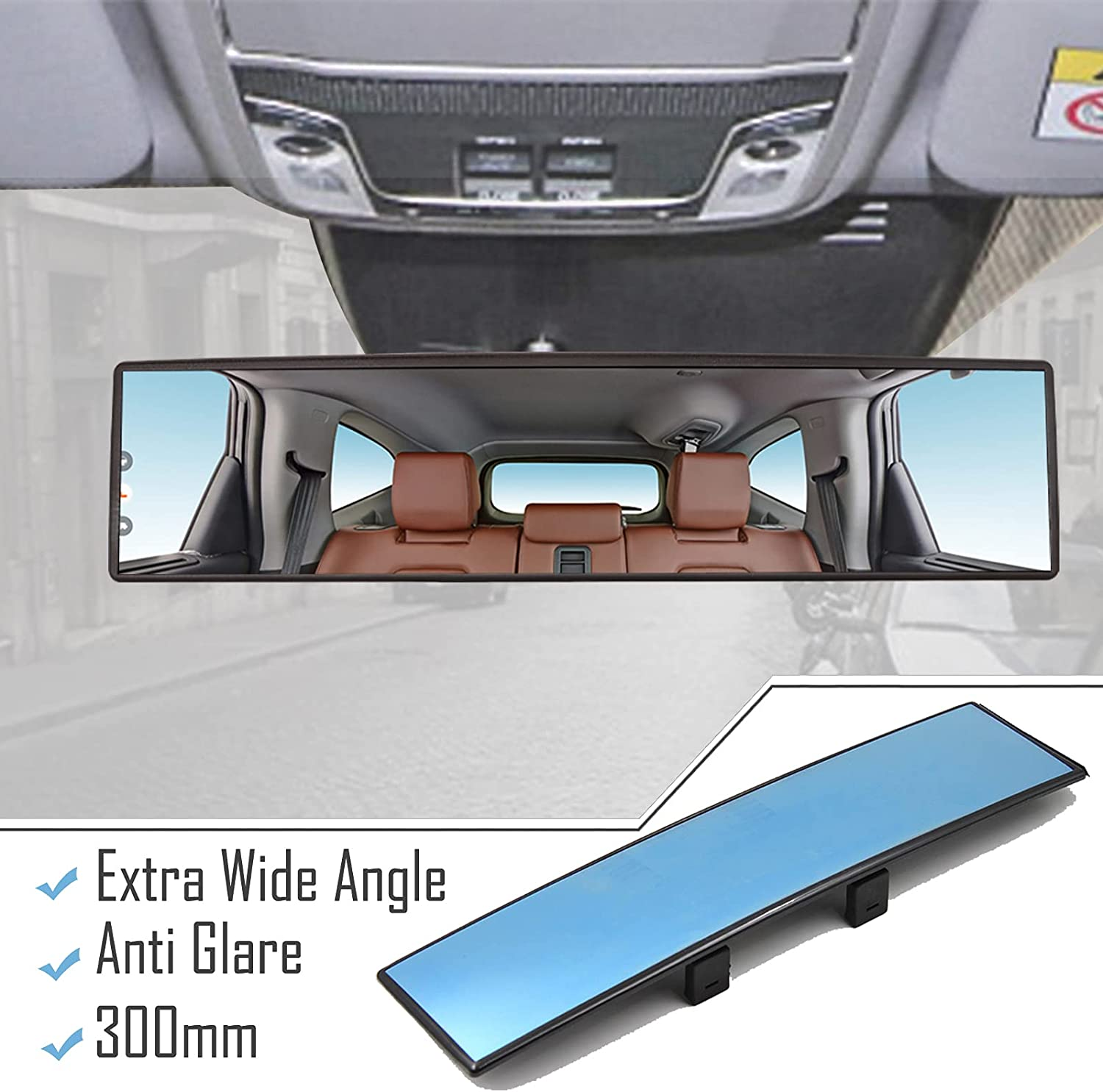 XUKEY Panoramic Rearview Mirror,Universal Car Truck Interior Rear View Mirror anti GLARE Rearview 300Mm Wide-Angle Surface Blue Mirror Auto Accessorie image number 6