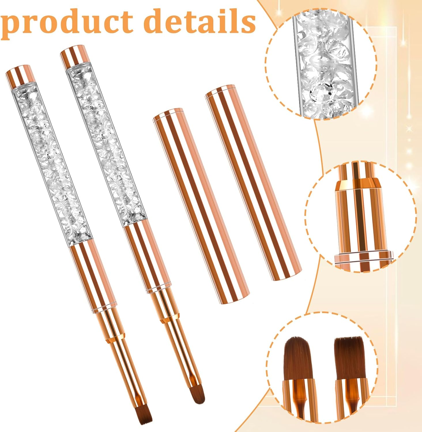 Pack of 2 Gel Brushes for Nails with Lid, Brush for Gel Nails, Nail Design Brush, Nail Art Design Brush, Nail Accessories, UV Rhinestone Handle, Gel Nail Art Brush, Painting Brush Tool for Women