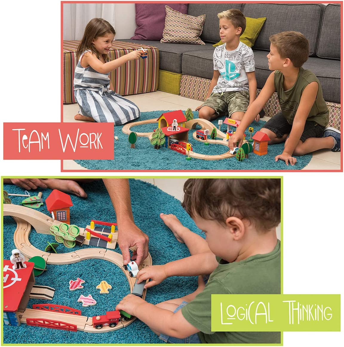 Wooden Train Tracks Set for Kids, Toddler Boys and Girls 3, 4, 5 Years Old and up - 69 Pieces &ndash; Premium Wood Construction Toys - Fits Thomas, Brio, IKEA, Imaginarium, Melissa and Doug image number 2