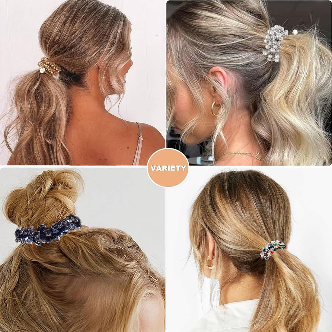 Bangbobi - Set of 6 Crystal Scrunchies - Women'S Hair Scrunchies with Beads - Elastic Hair Band - Hair Accessories for Women and Girls - Scrunchies Pearls Rhinestone - Suitable for Any Occasion image number 2