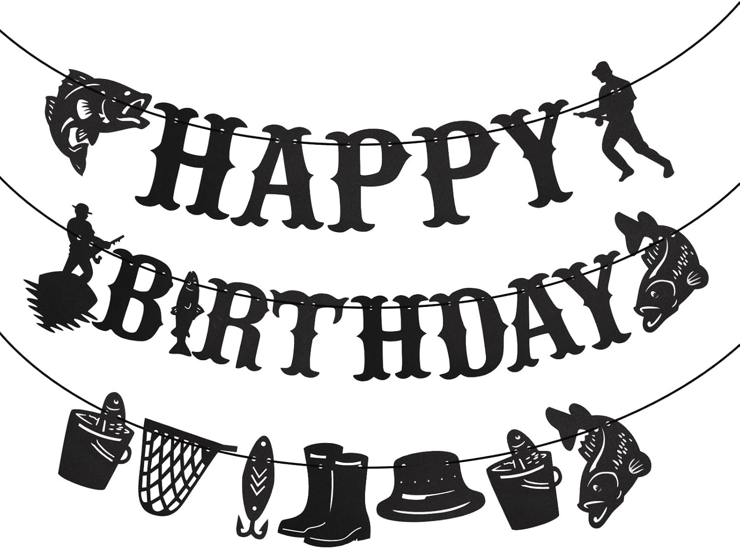 Fishing Birthday Banner, Happy Birthday Fishing Fish Fishing Net Boot Element Banner for Hanging on Fishing Line Decoration for Fish Birthday Party Birthday image number 3