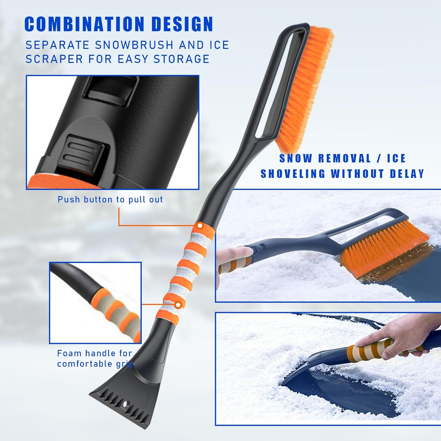 Augeny 27'' Ice Car Snow Brush and Ice Scraper, Detachable Scratch Free Snow Brush with Comfortable Foam Grip, Universal Auto Winter Snow Removal Tool for Cars, SUV, Trucks (Orange) - Orange image number 5