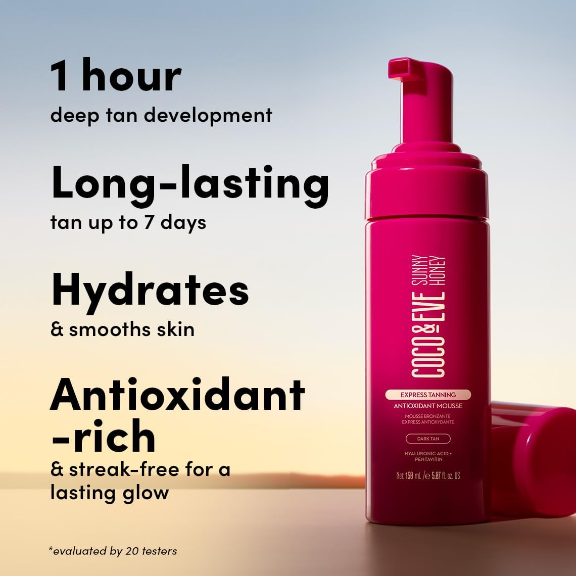 Coco & Eve Express Tanning Antioxidant Mousse - Best 1 Hour Streak-Free Sunless Deep Tan | Fast, Instant, Natural Dark Glow. Moisturizing Tanner with DHA, Hyaluronic Acid, Coconut Extract (150 Ml) image number 3