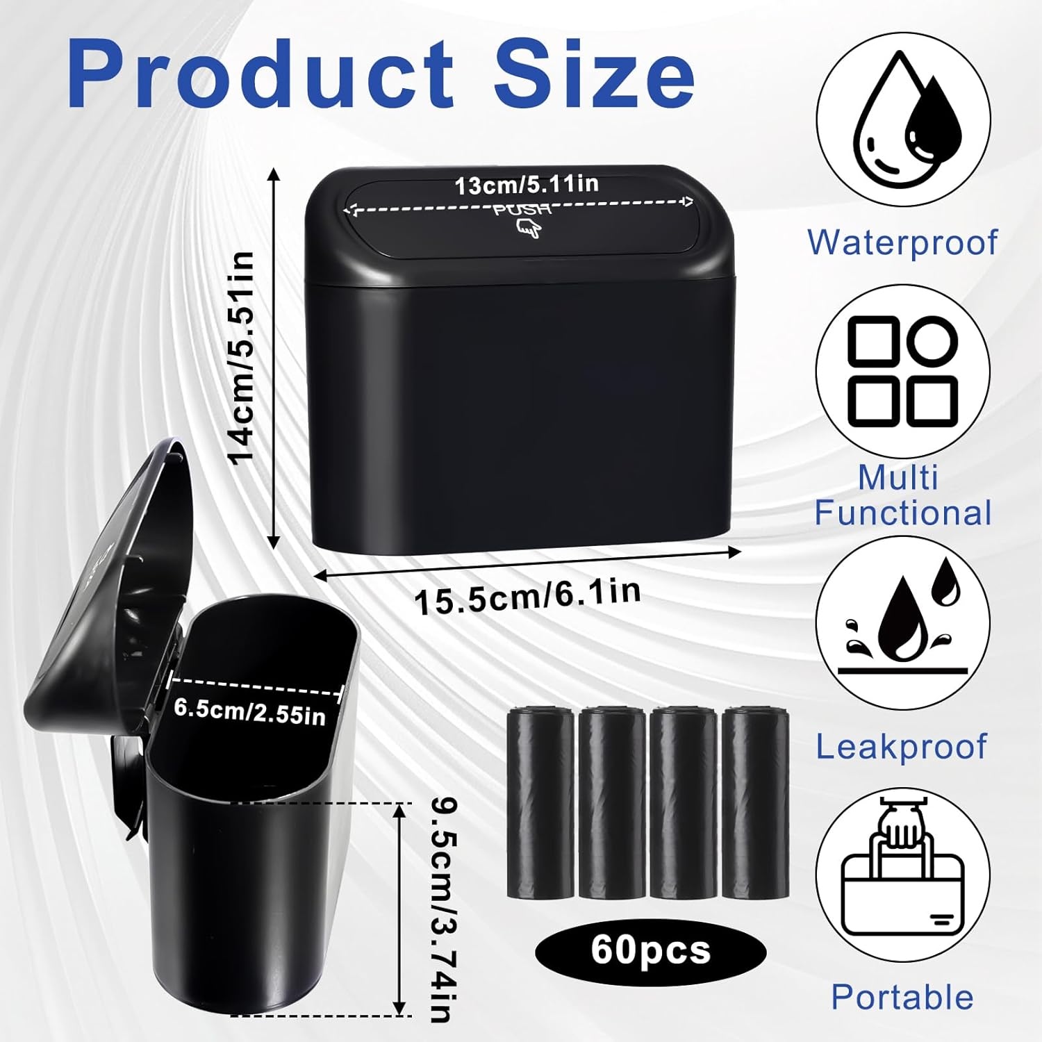 Car Trash Can, Car Bin with Lid, Trash Bags and Car Hooks, Mini Car Garbage Can Small Dustbin Garbage Organizer for Car Office Home image number 6