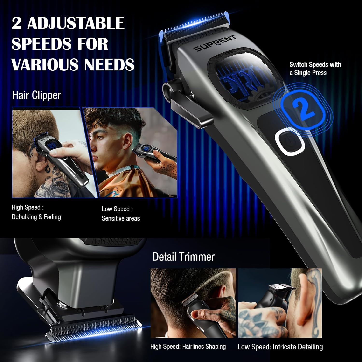 SUPRENT Professional Hair Clippers for Men - Barber Clippers & Zero-Gapped Trimmer Combo with Charging Stand, 10000 RPM Motor Speed Hair Cutting Kit, Blue Titanium-Coated Blades (Gray) image number 3