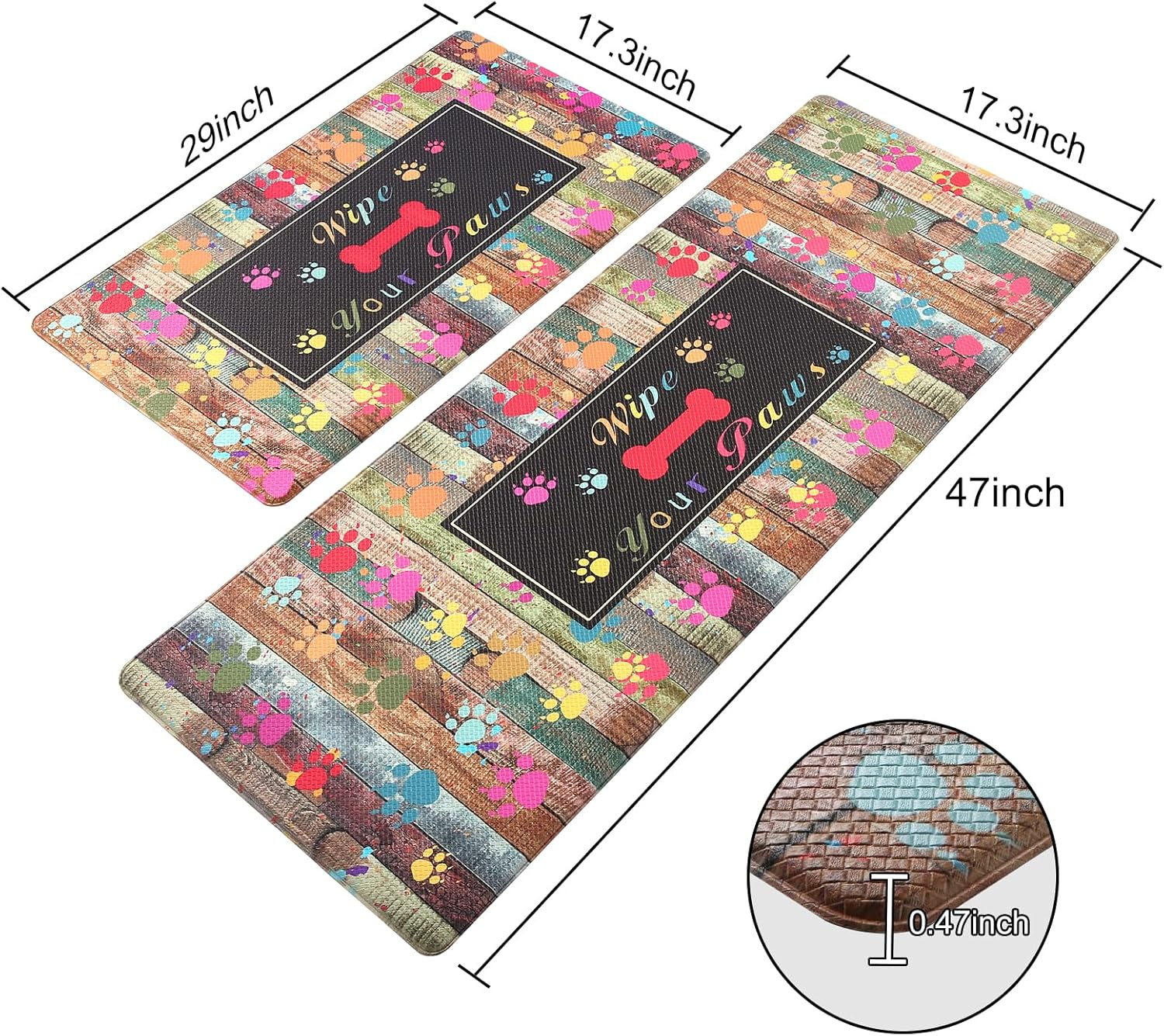 Kitchen anti Fatigue Mat Set of 2,Waterproof Non-Skid Cushioned Kitchen Floor Mat Comfort Standing Mat for Home, Office, Sink, Laundry, Colorful Paws (Black/Green) image number 6