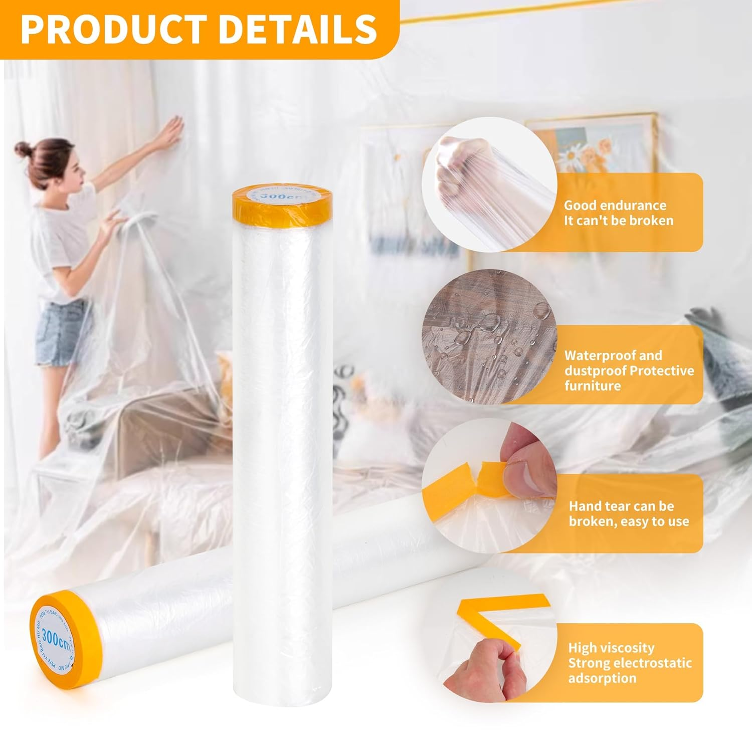 2 Pcs Pre-Taped Masking Film, 118 in X 65 Feet Rolls Painters Plastic with Tape and Drape, Paint Adhesive Protective Film Roll for Covering Skirting Frames and House Decoration Furniture image number 5