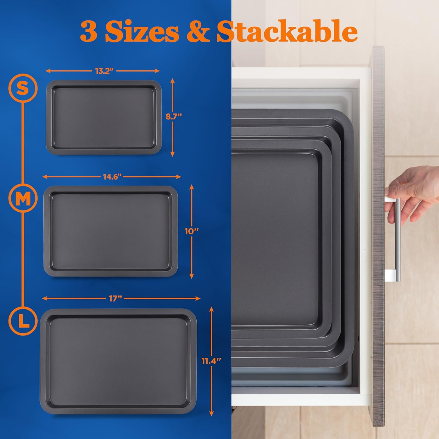 Nutrichef 3-Piece Nonstick Oven Cookie Sheets for Baking - Heavy Duty Carbon Steel Baking Sheet Pans Set - Large, Medium, and Small Sized Baking Tray - Dishwasher Safe, Black image number 4