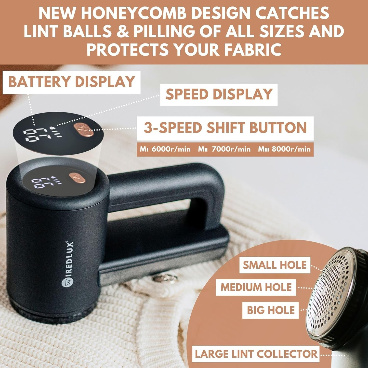 Electric Lint Remover Wiredlux - Rechargeable Fabric Shaver Bobble Remover for Clothes & Furniture - Adjustable 3-Speed, 6-Leaf Blade, LED Display, USB Charging (Black) image number 2