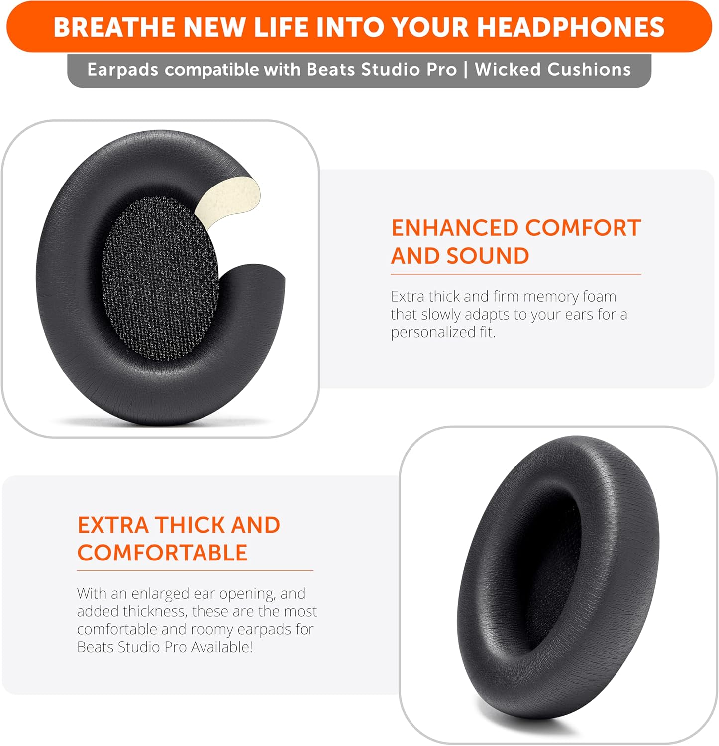 WC Padz Studio Pro - Extra Thick Earpads for Beats Studio PRO Made by Wicked Cushions | Upgraded PU Leather, Larger Ear Opening, Enhanced Foam | Black