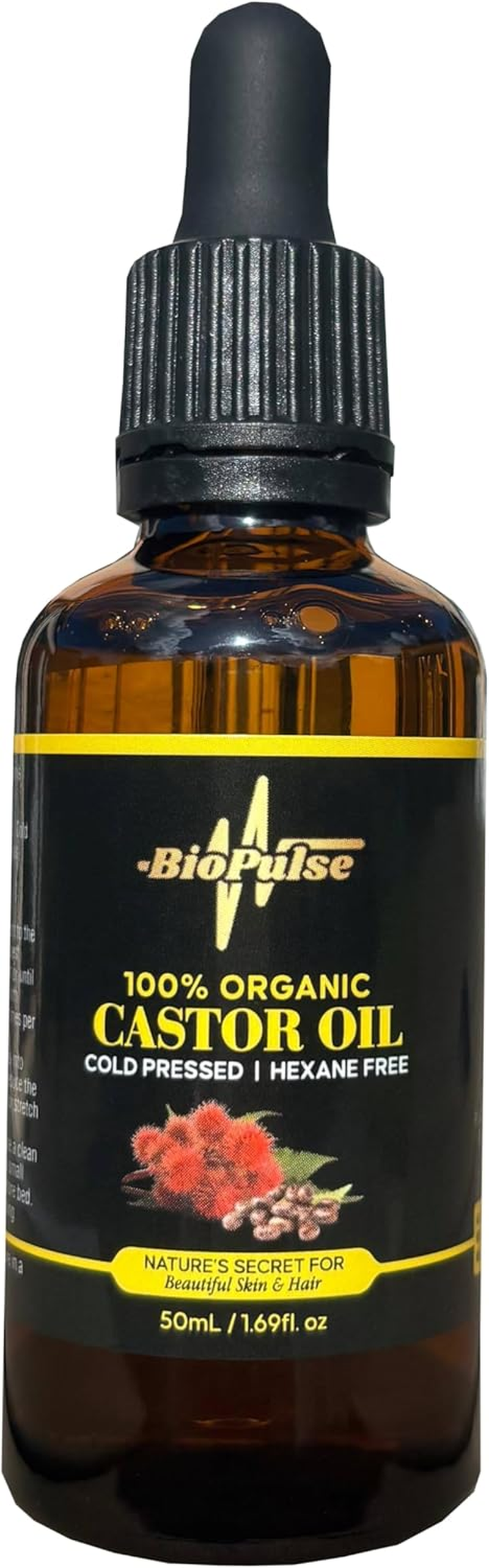 Biopulse Organic Castor Oil, 100% Pure Cold-Pressed, Hexane-Free - Stimulate Hair Growth & Hydrate Skin, Nourish Eyelashes, Brows & Nails with Natural Moisturising Oil (50Ml Glass Bottle) image number 1