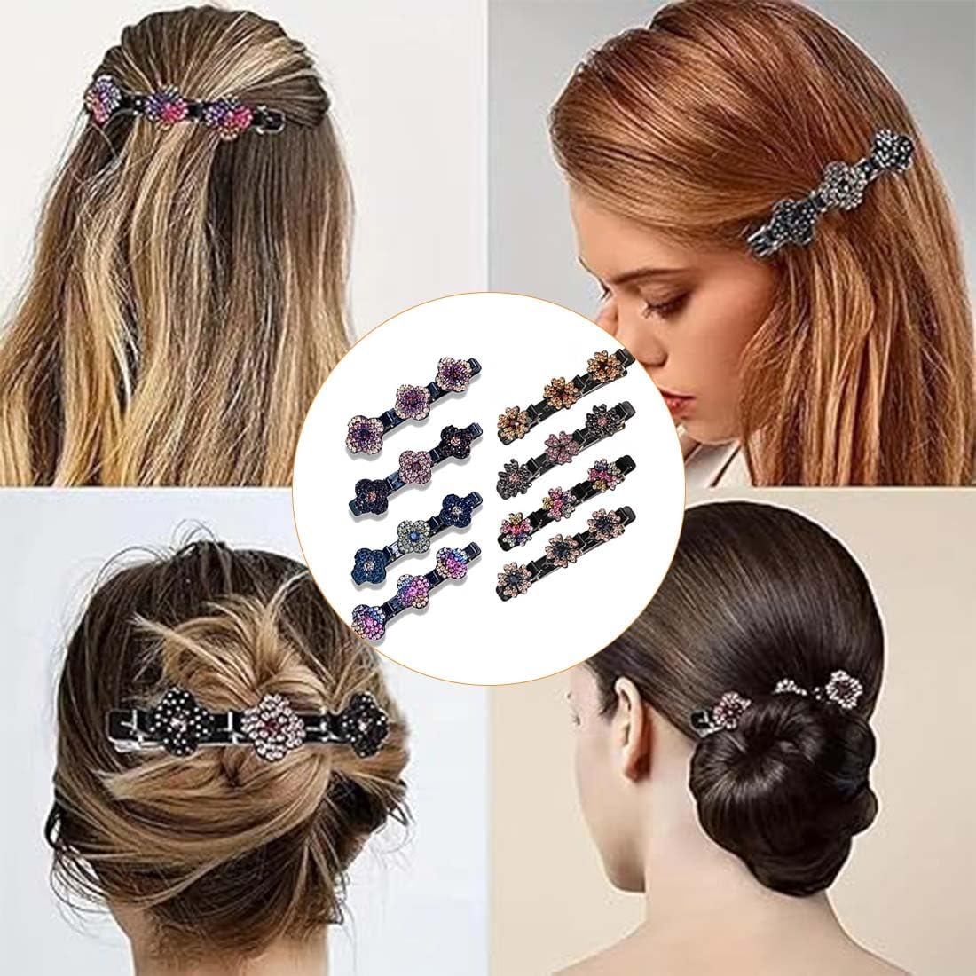 LAKJUOZ Pack of 8 Glittering Crystal Stone Braided Hair Clips, Hummingbird Hair Clip with Crystal Flower, Braided with Mini Hair Clips, Double Layer Mini Hair Clips, Four Leaf Clover and Flowers image number 3