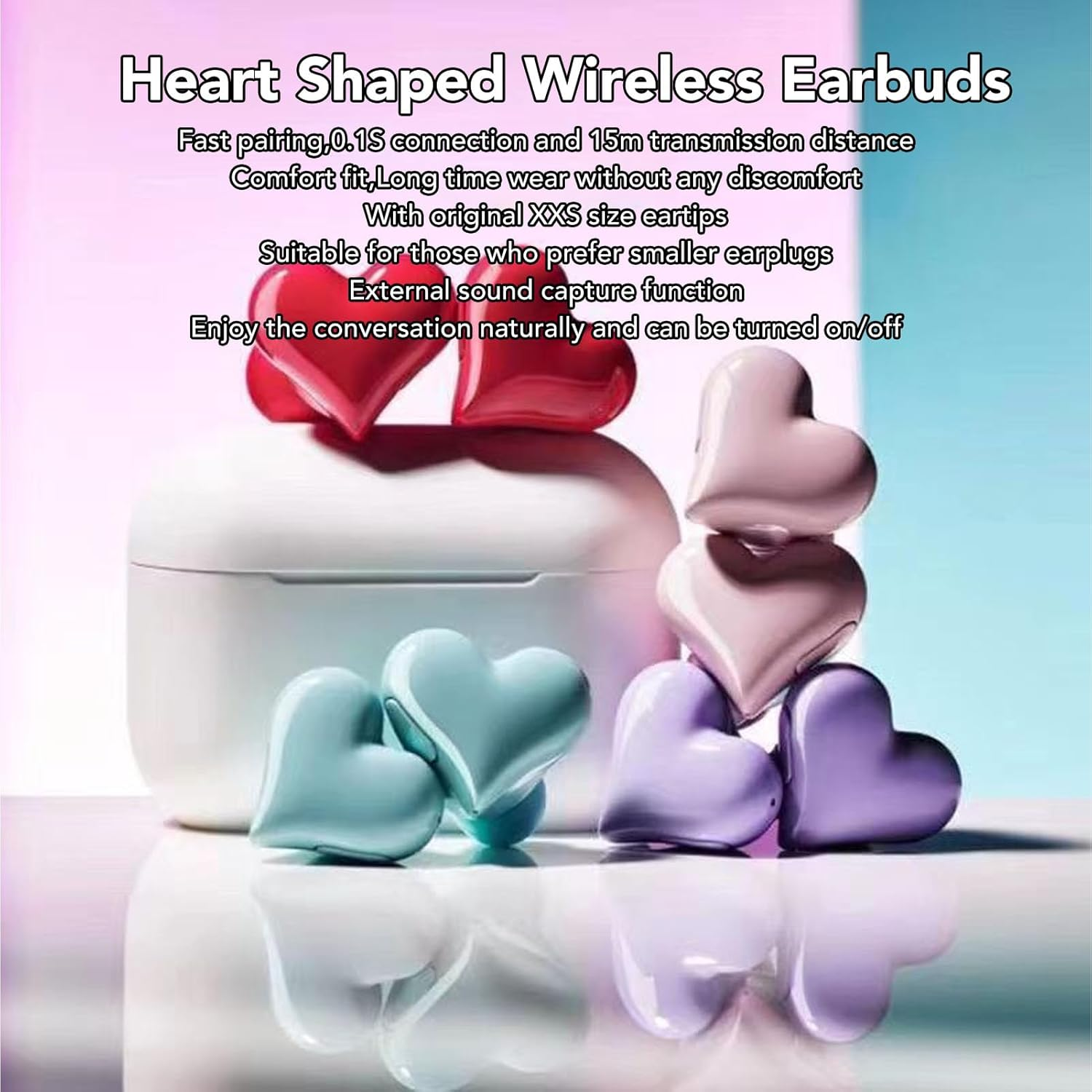 Annadue Wireless Bluetooth Headset with Charging Case, Waterproof Bluetooth 5.3 Heart Buds Heart-Shaped Built-In Microphone with Hifi Stereo Sound Quality (PIN) image number 1