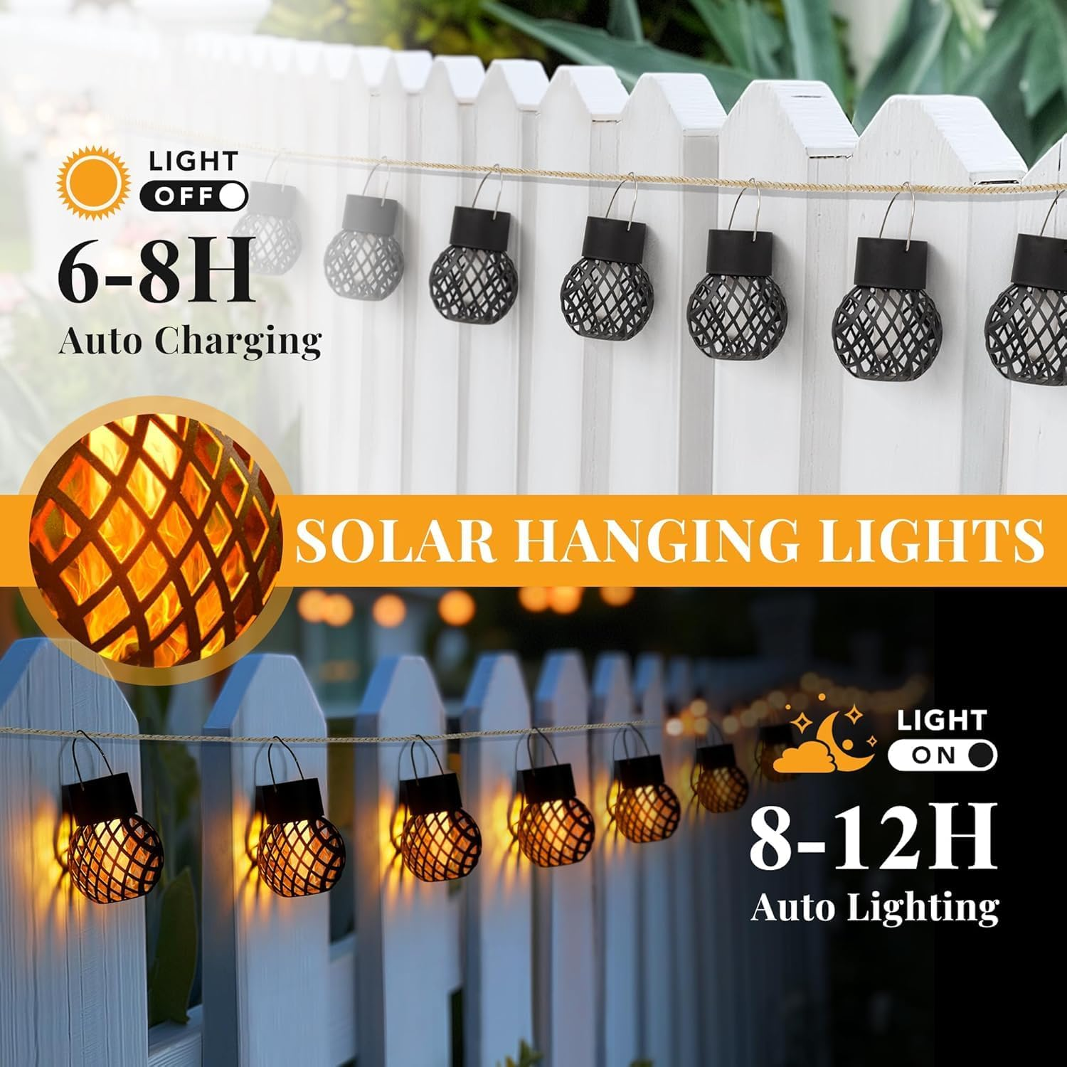 Solar Lights Outdoor Garden, 4 Pack Hanging Solar Lights Flickering Flame, Waterproof for Garden, Yard, Fence, Tree image number 4