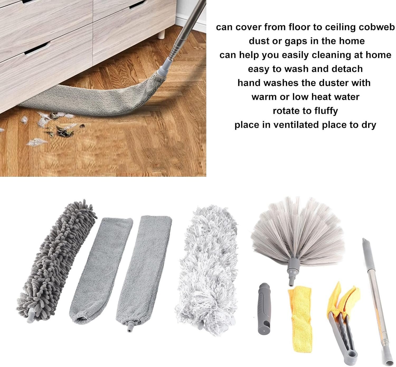 9Pcs Microfiber Duster Kit Extendable Plume Duster House Cleaning Tool for Ceiling Fan Car image number 2