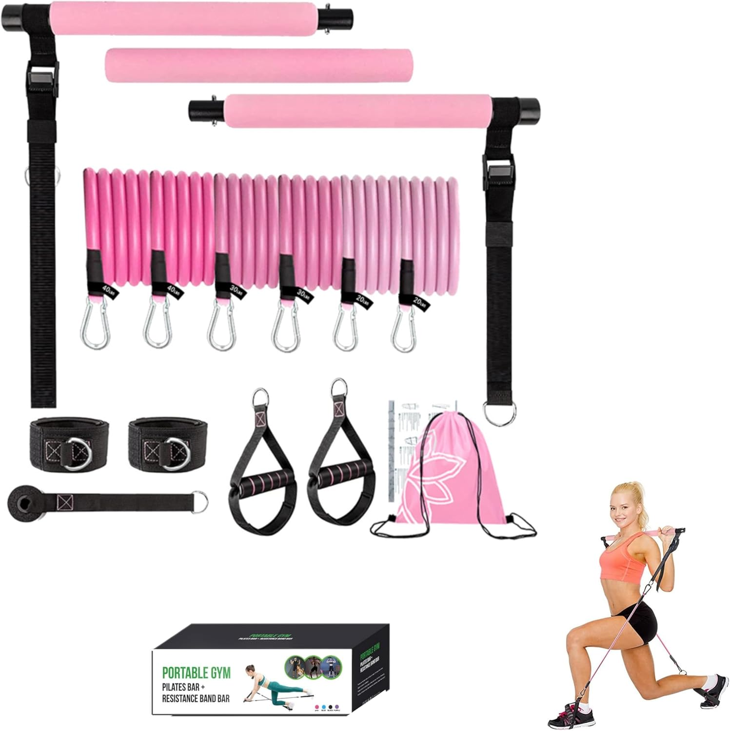 Multi Functional Pilates Bar Kit with Resistance Bands, Ankle Bands for Leg Butt Training, Adjustable 3 Section for Full Body Workouts, Pilates Workout Equipment for Legs, Hip, Waist, Arm image number 6