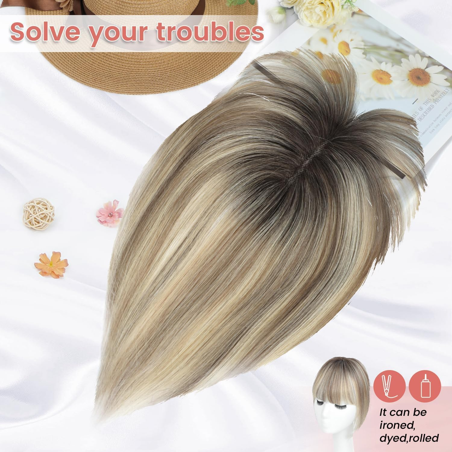 Wesileyern Hair Toppers for Women Human Hair Topper Clip in Fringe Hand-Woven Swiss Base Hair Topper (Ombre Light Brown with Blond Highlight 18Inch) image number 4