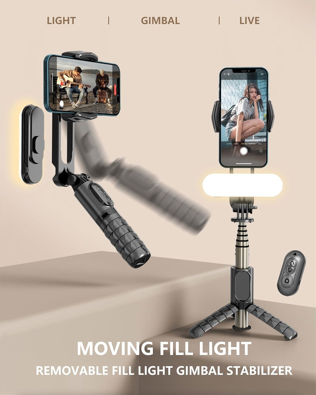 Selfie Stick Gimbal Stabilizer,With LED Fill Light, Bluetooth Remote, 360&deg; Auto Rotation, 6-Section Extendable Tripod & Portable Foldable Selfie Stick Stand Tiktok Vlog Youtuber Live Video Recording image number 2