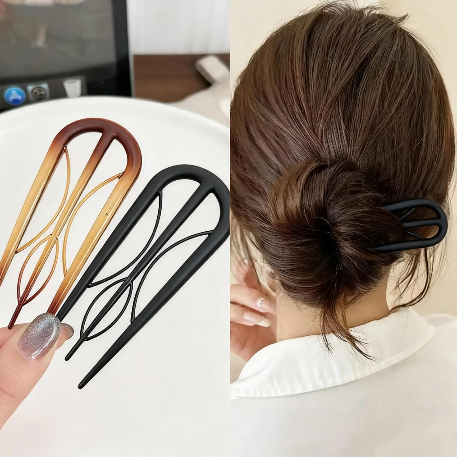 6 Pcs U Shaped French Hair Pins with Internal Teeth,Retro Fork Hair Pin,Frosted & Tortoise Shell French Hair Pins, French Hair Clips for Women Thin Buns and Twist Hairstyles