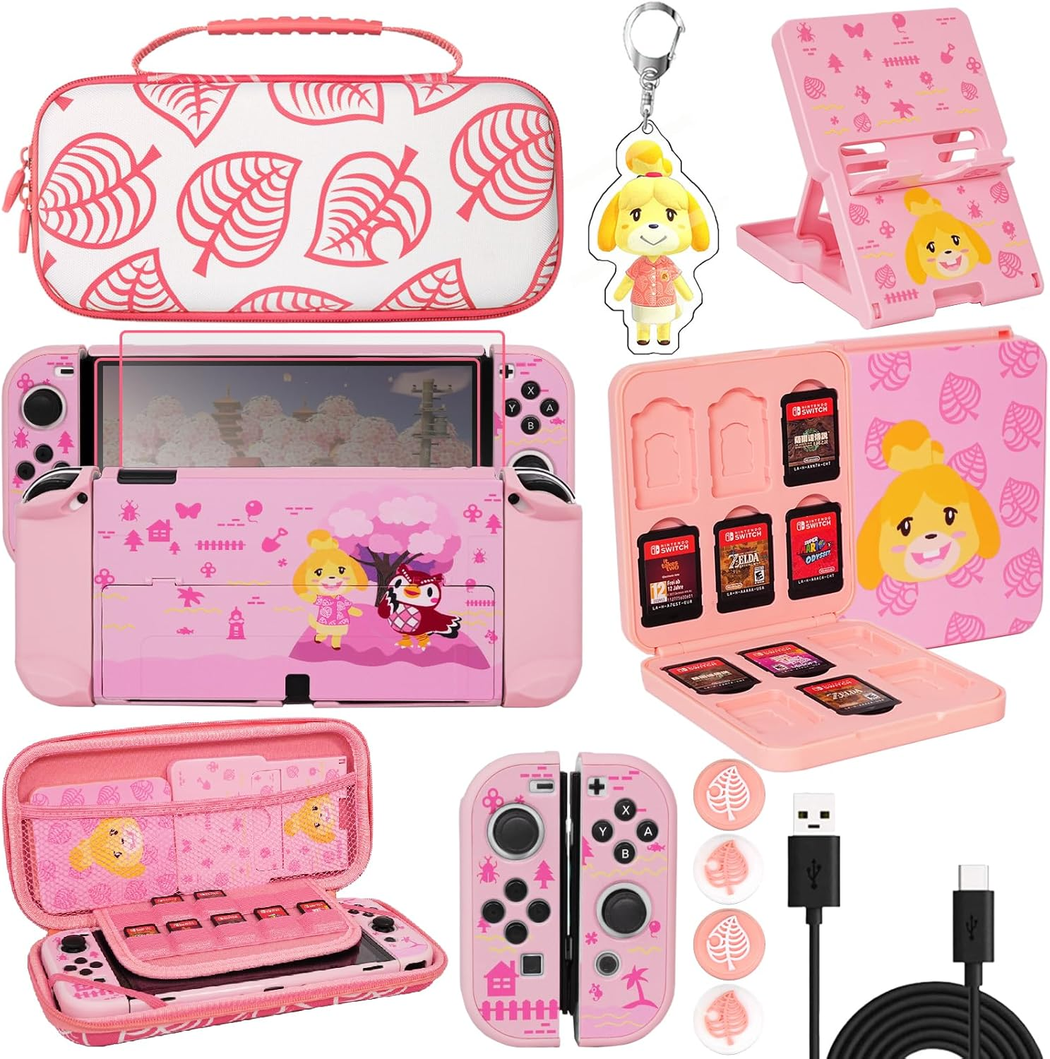 Tikodirect Carrying Case for Nintendo Switch, Cute Portable Travel Bag Accessories with Protective Case, Screen Protectors, Stand, Game Card Case and Thumb Grip Caps[Keychain Gift], Animal Crossing