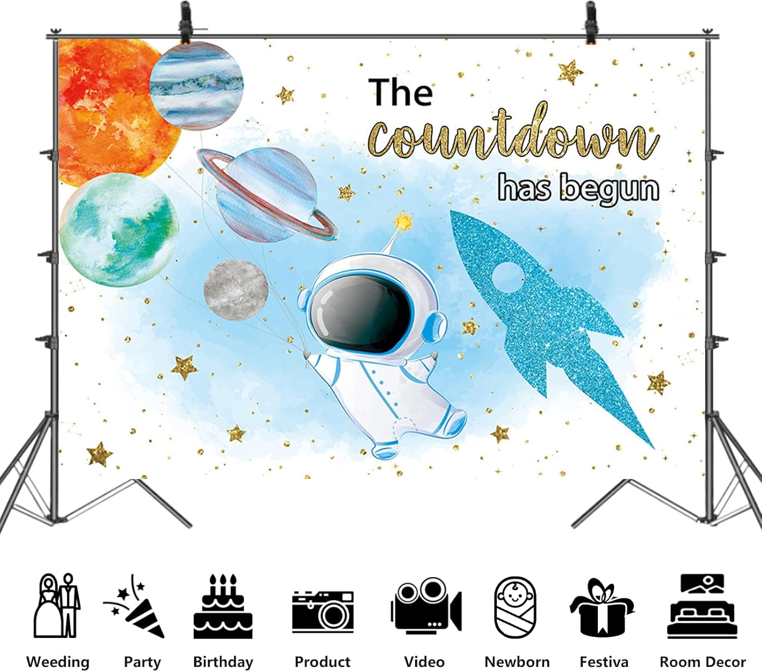 APROPHIC Space Baby Party Background Blue Astronaut Boy Countdown Hat Started Background Rocket Planet Baby Shower Decoration Banner Photography Background 210 X 150 Cm