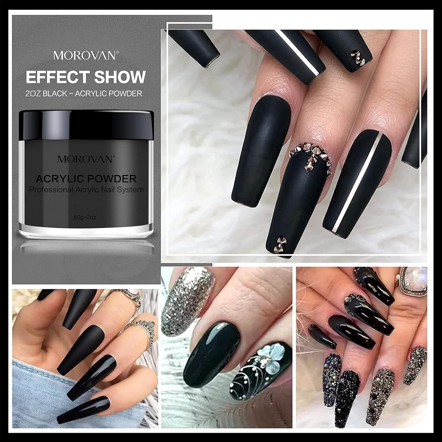 Morovan Black Acrylic Powder for Nails - 2Oz Professional Acrylic Nail Powder Polymer Black Nail Powders for Acrylic Nail Extension Carving image number 6