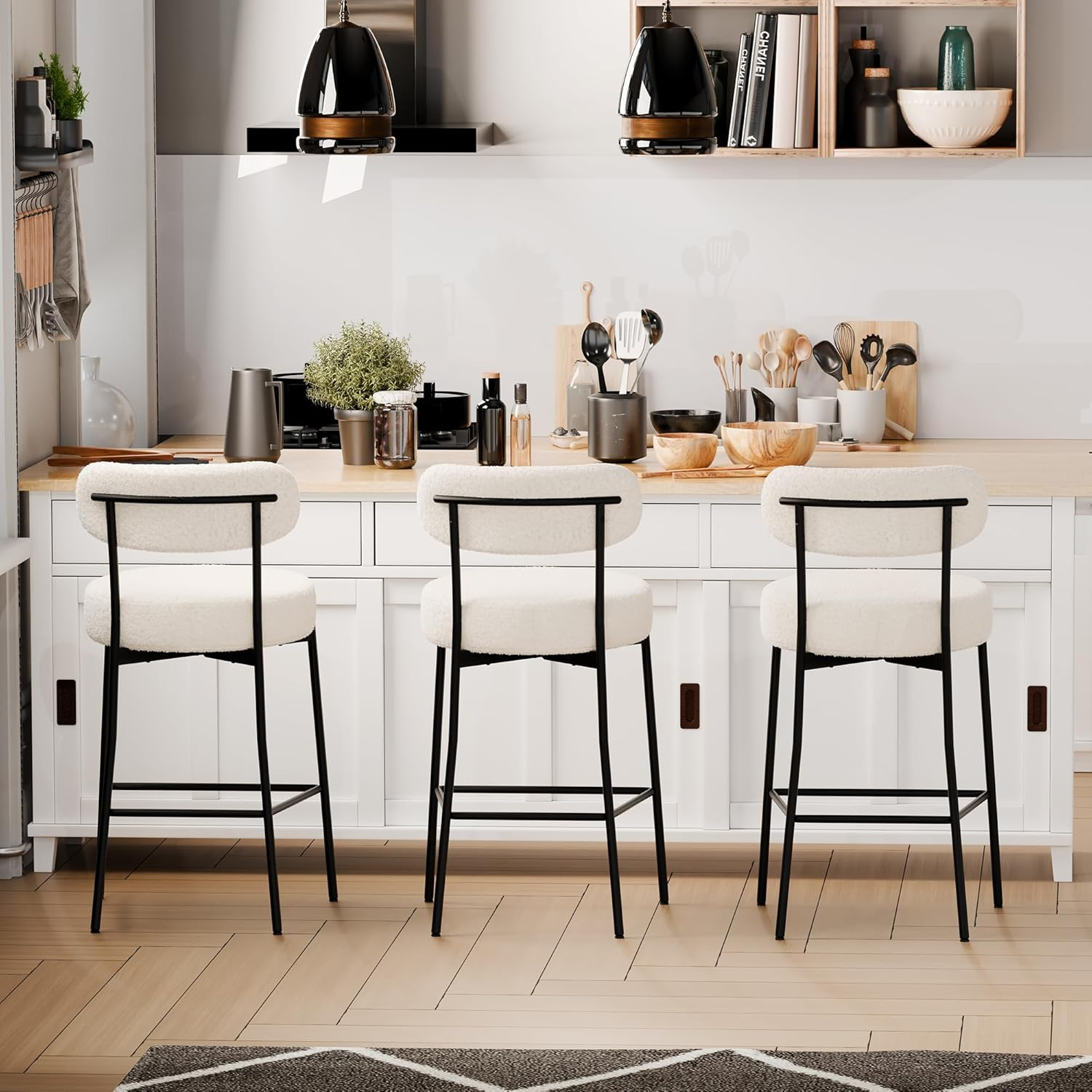 Bar Stools Set of 2, 70Cm Counter Height Bar Stools with Back, Upholstered Boucle Fabric, Modern Kitchen Island Stools for Counter, Breakfast Nook, Home & Cafe, White