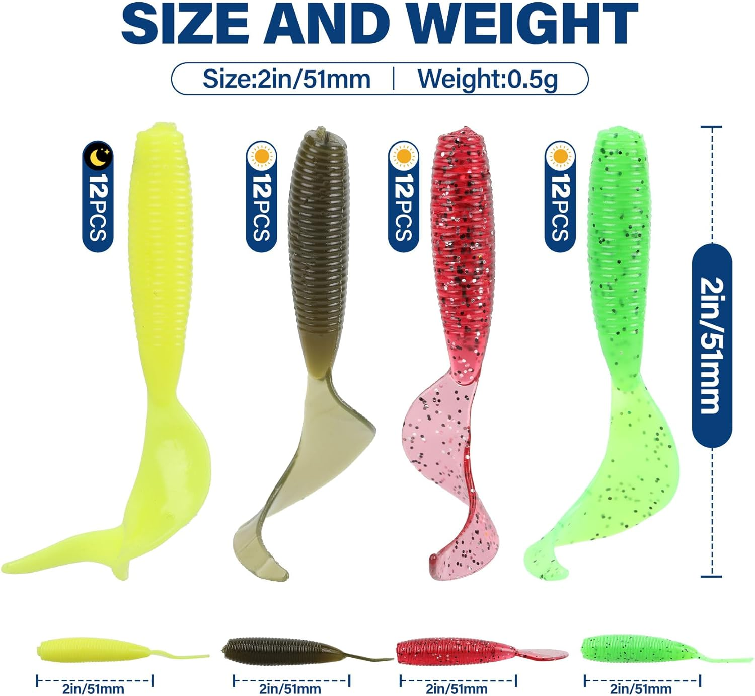 5Cm(2") Soft Plastic Baits, Worm Grub Bream Fishing Lures for Saltwater and Freshwater, Curly Tail Soft Fishing Lures for Flathead - Super Luminous Yellow image number 4