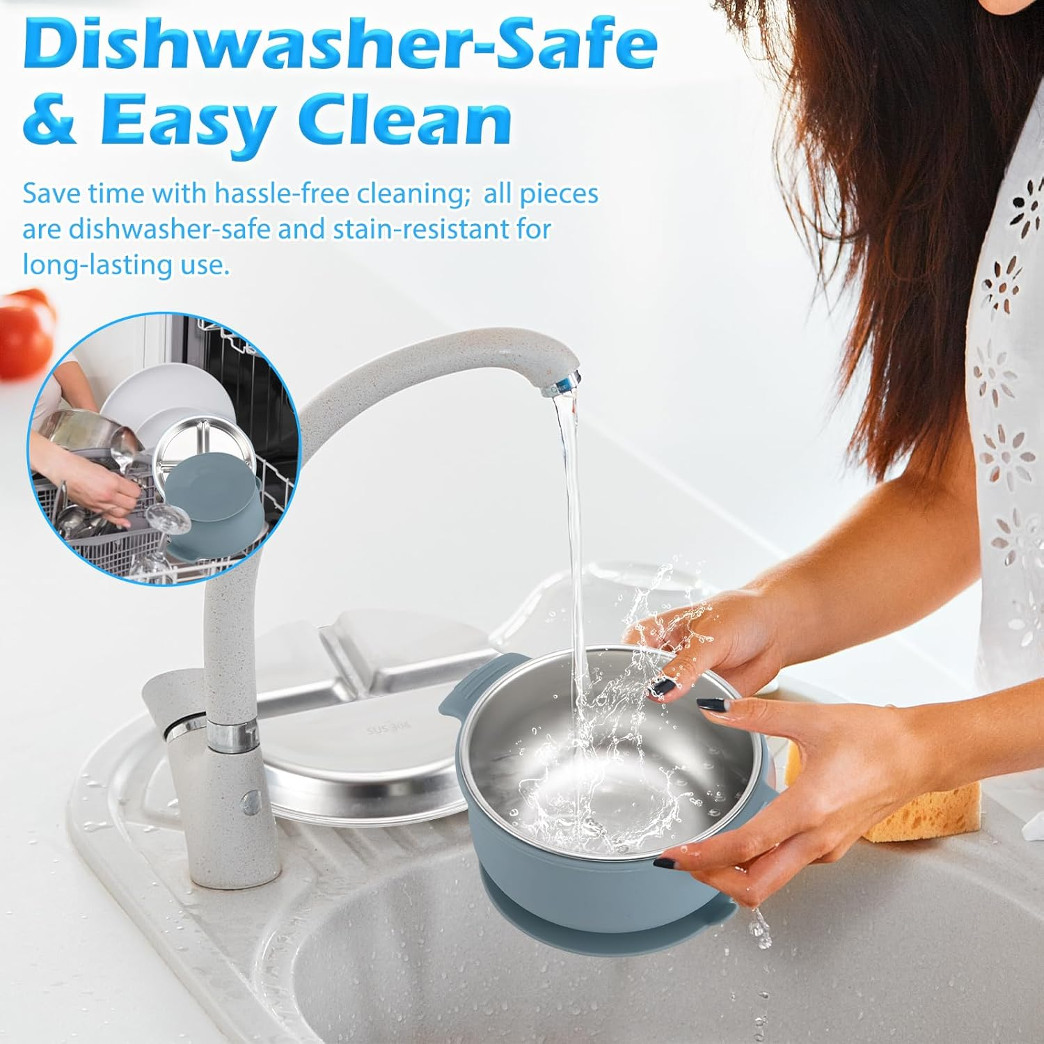 Silicone Feeding Set,Stainless Steel Suction Plate,Baby Utensil Set.Include a Spoon,A Fork, a Plate,A Stainless Steel Kids Bowl. image number 4