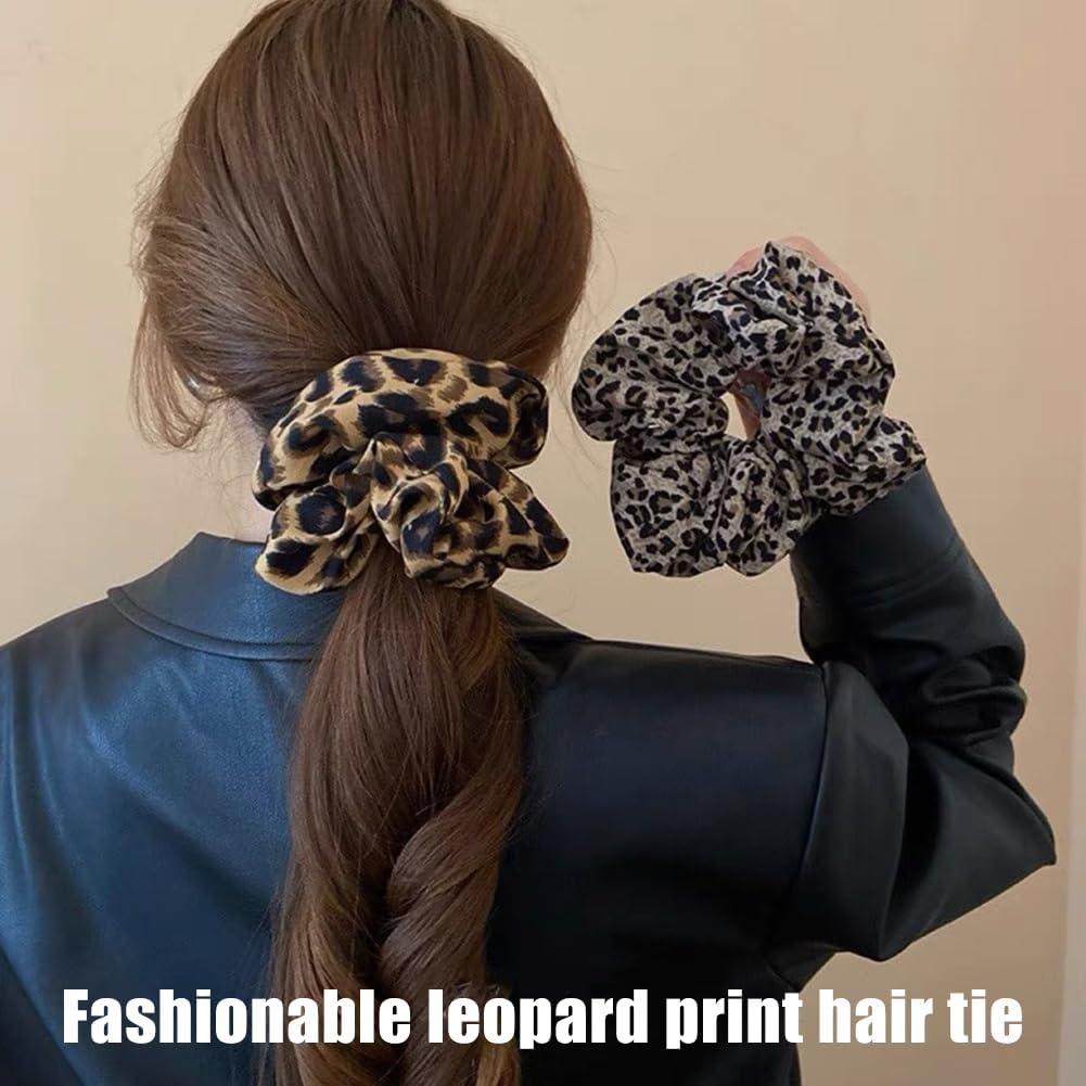 Pack of 4 Women'S Leopard Print Scrunchies Hair Scrunchies Extra Large Hair Bobbles for Thick Hair, Dark Light Leopard Print, Soft Loops for Everyday, Office, Party image number 4