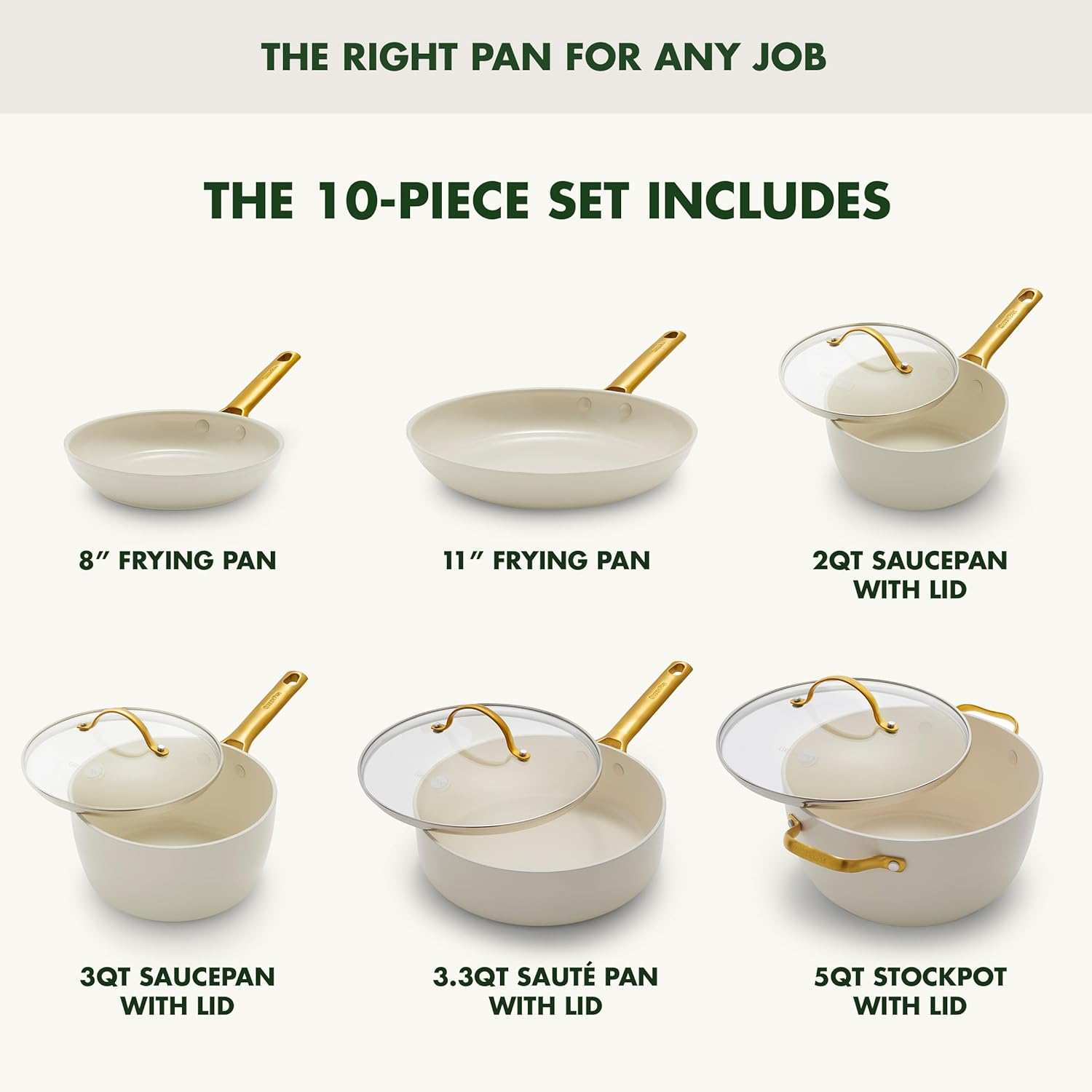 Greenpan Reserve Hard Anodized Healthy Ceramic Nonstick 10 Piece Cookware Pots and Pans Set, Gold Tone Stainless Steel Handle, Pfas-Free, Dishwasher Safe, Oven Safe, Cream White image number 2
