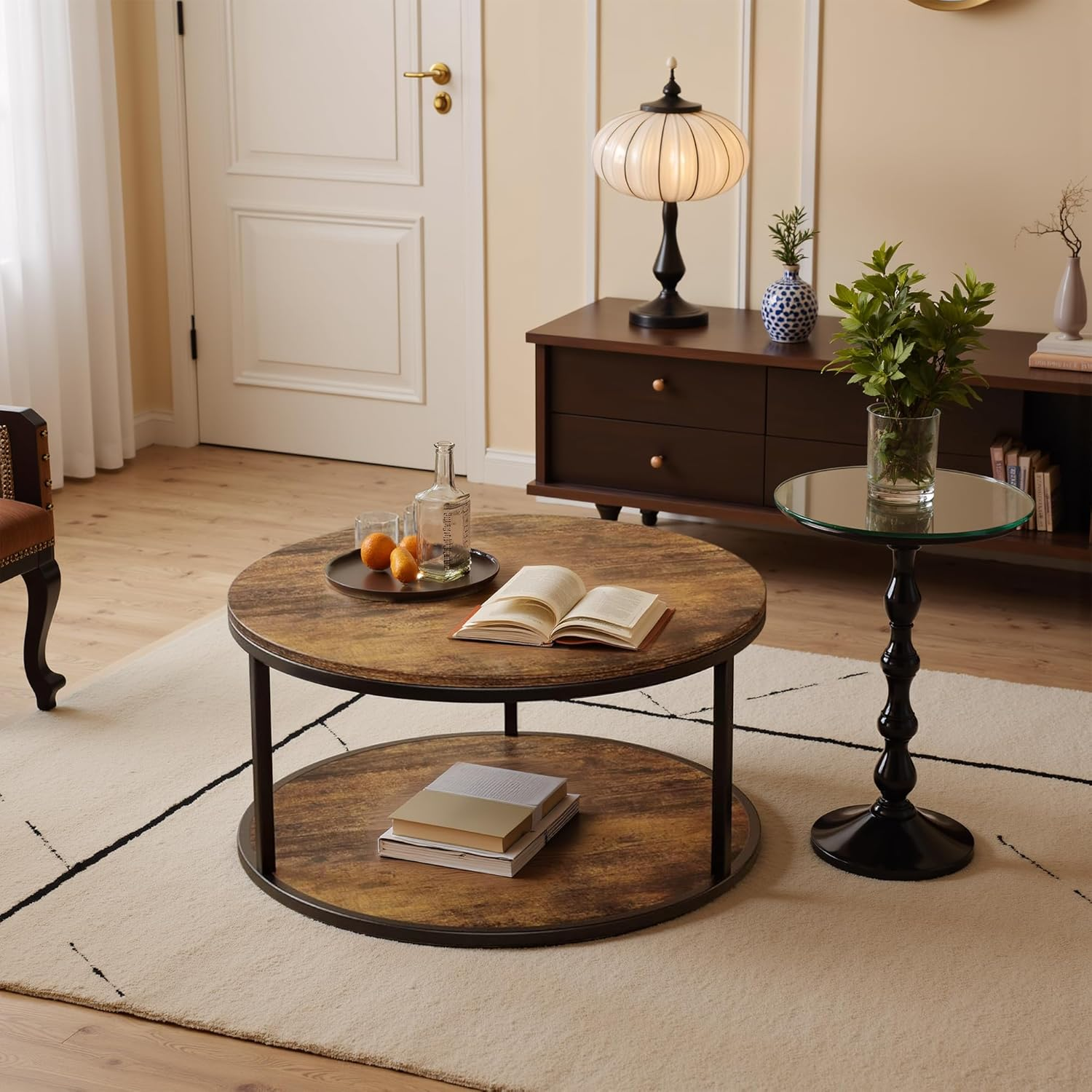 36Cm round Coffee Table with Storage, 2-Tier Small Space Living Room Furniture, Compact Centre Table, Brown image number 2