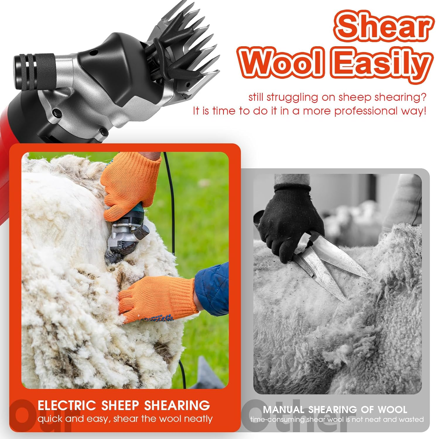 Advwin Electric Sheep Shears, 690W 2800R/Min Professional Electric Sheep Clippers, 6 Speed Heavy Duty Electric Shears, Farm Livestock Grooming Kit for Thick Coat Animals - Red image number 3