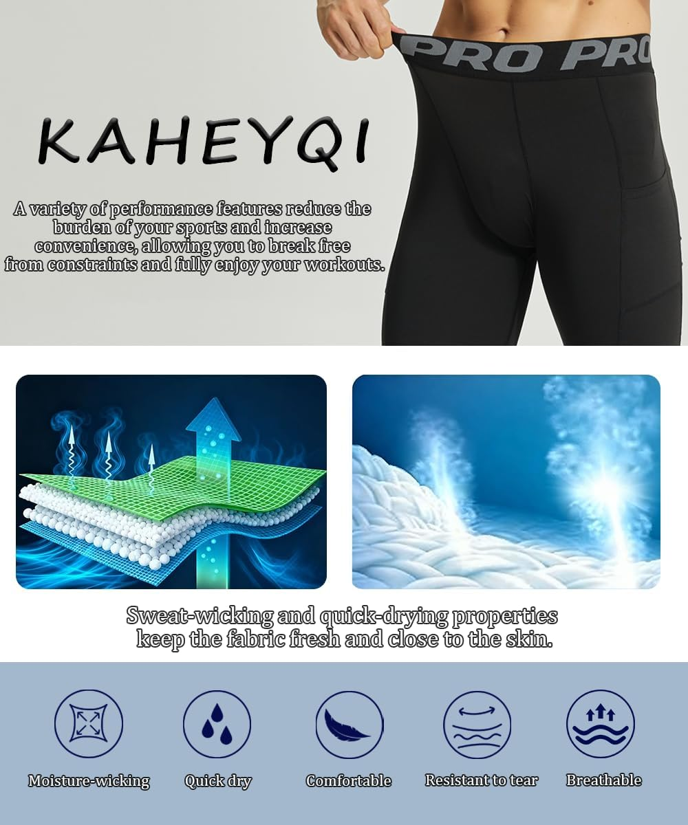 KAHEYQI Men'S Compression Shorts with Pocket Spandex Cool Dry Moisture Wicking Shorts for Athletic Running Gym Workout Base Layer image number 2